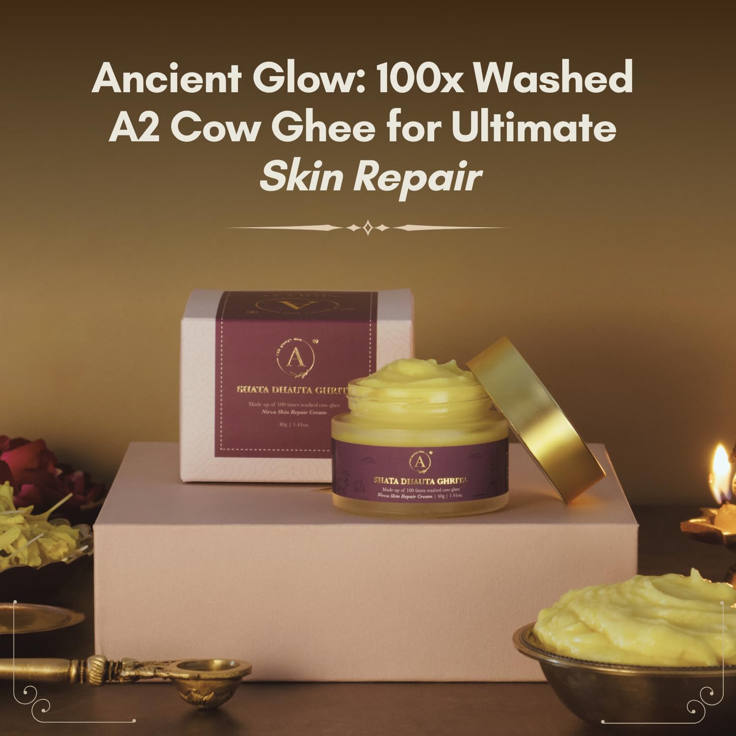 ADHYAY Shata Dhauta Ghrita Skin Renewal Cream - Ayurvedic Anti-Aging Face Moisturizer with 100x Washed Cow Ghee & Marigold Extracts | Wrinkle Repair, Deep Hydration & Skin Nourishment | 40g | Perfect for Daily Skincare Routine & Nighttime Rejuvenation