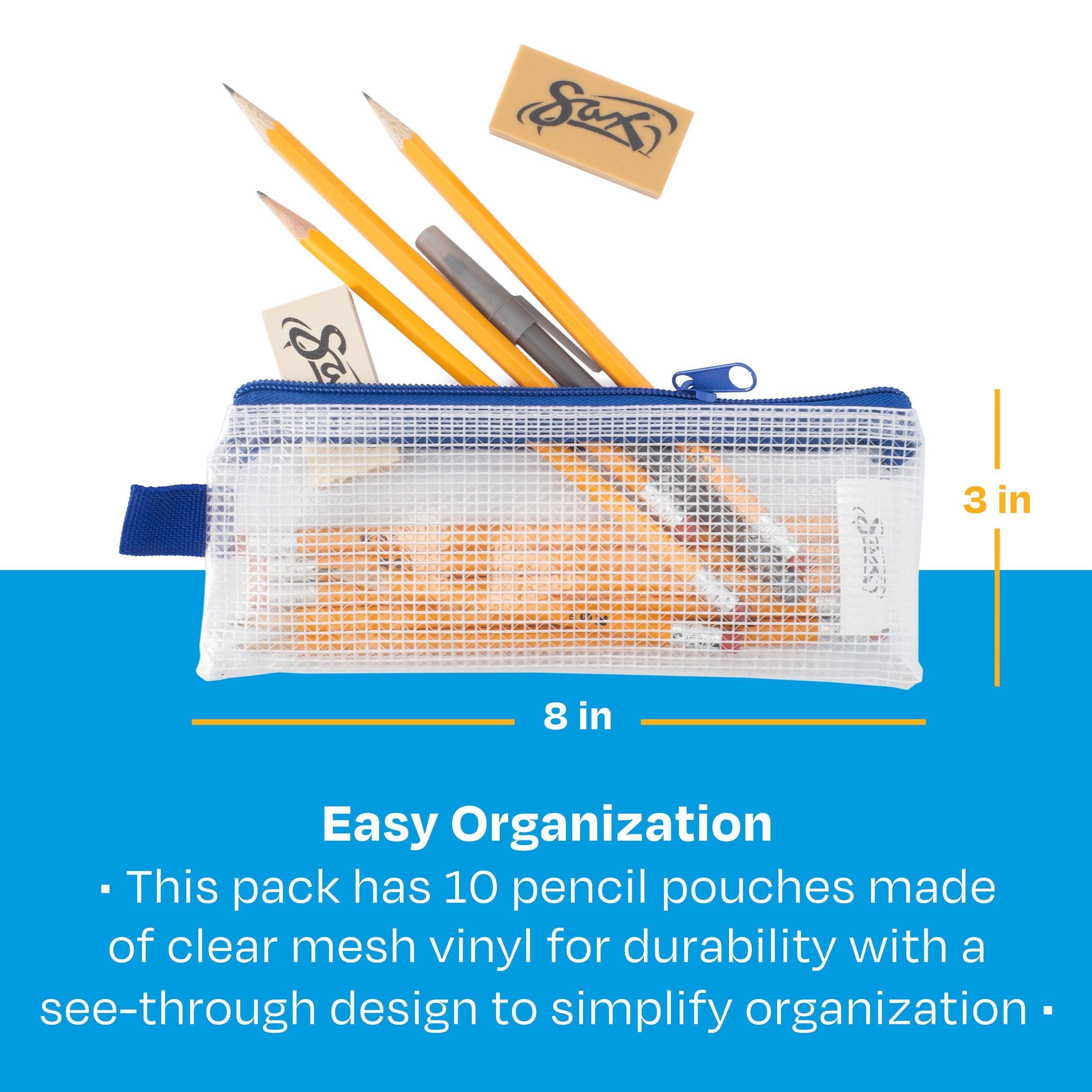 Mesh Pencil Case for School Supplies - 3x8 Inches, Clear with Blue Trim (Pack of 10) - Perfect for Organizing Pens & Markers