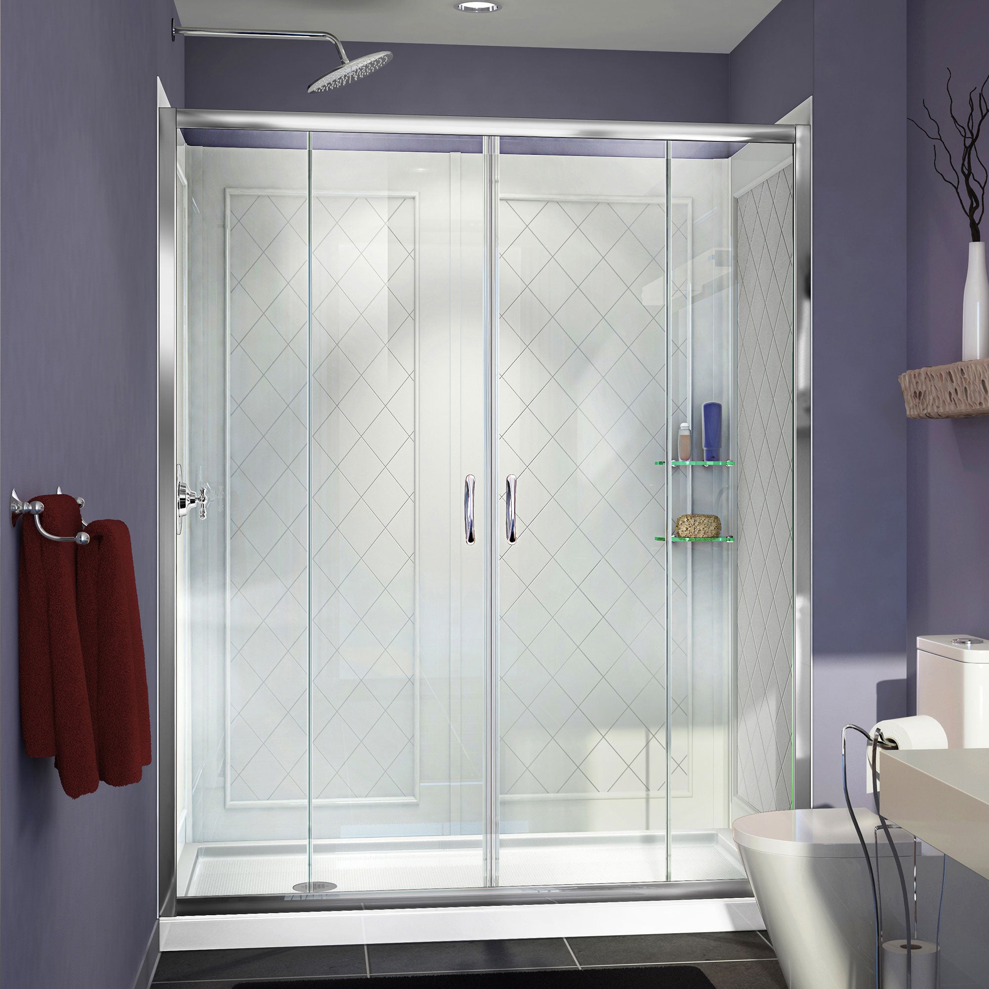 DreamLine Visions 30x60x76.75 Inch Semi-Frameless Sliding Shower Door Kit with Left-Hand Shower Base & QWALL 5 Backwall - Modern Bathroom Upgrade for Small Spaces & Walk-In Showers