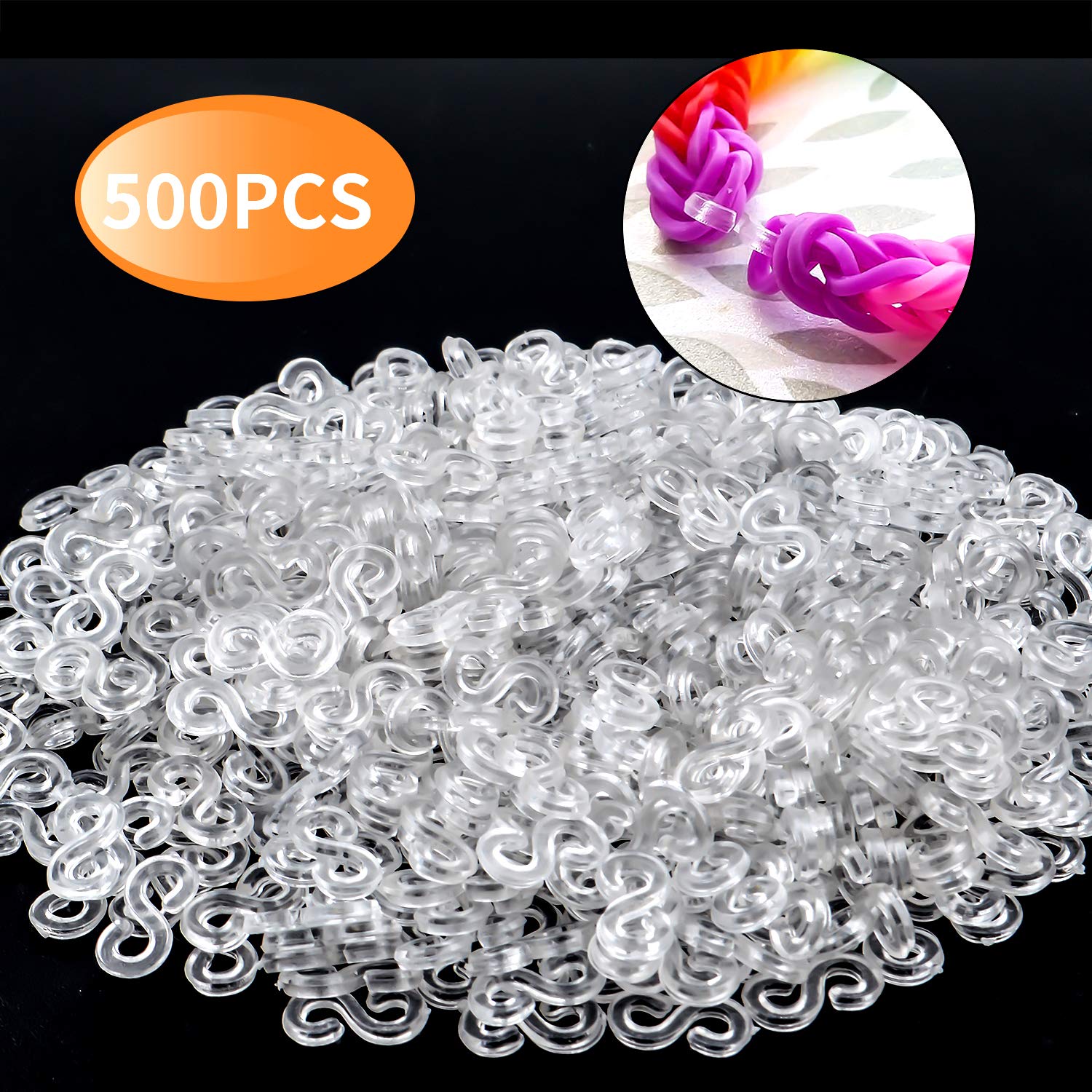 500-Piece Clear S Clips Rubber Band Connectors Kit - Plastic Loom Bands Clips for DIY Bracelet Making, Jewelry Crafting & Kids Art Projects