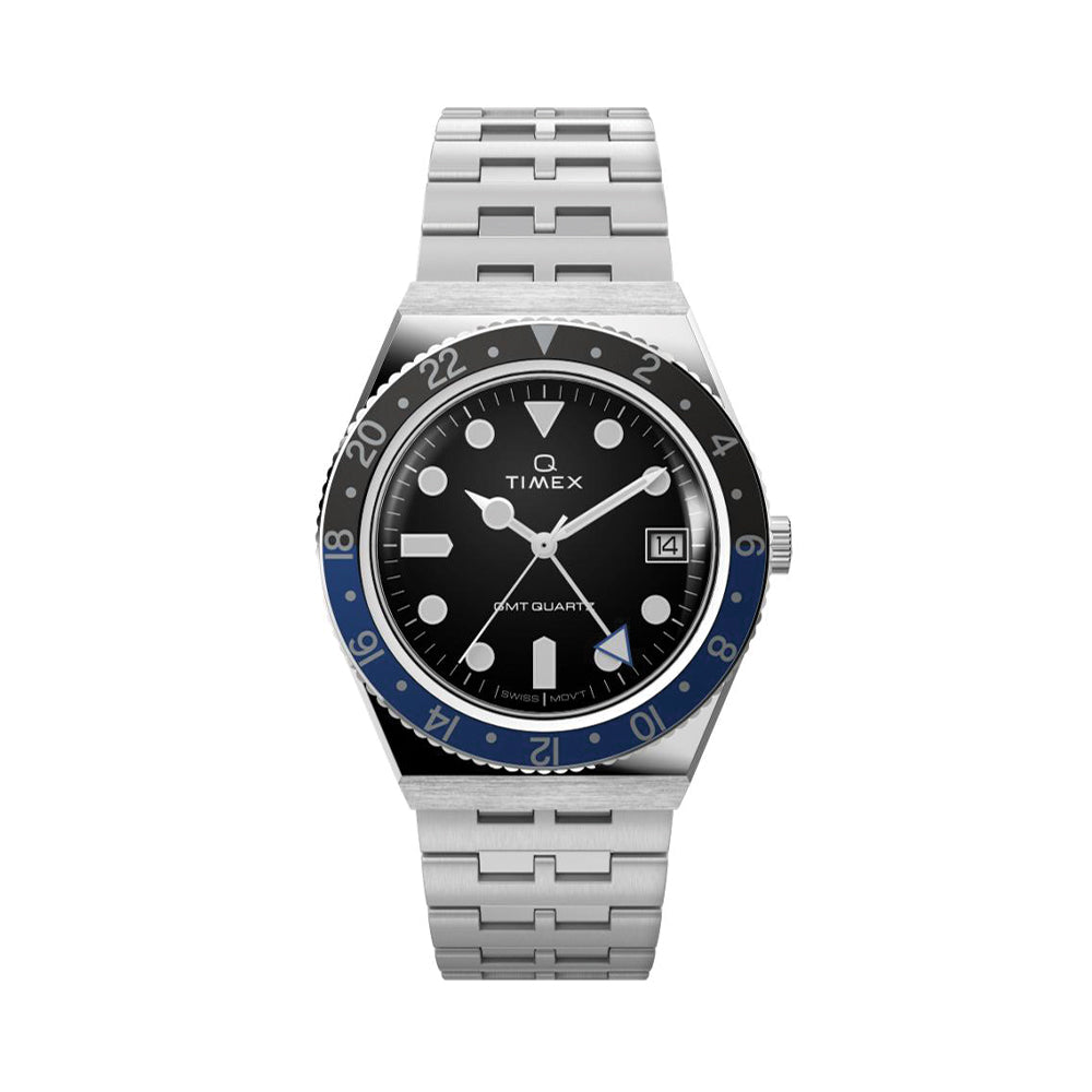 Timex Q GMT 38mm Stainless Steel Watch with Black Dial & Bracelet - Perfect for Travel, Business & Everyday Wear