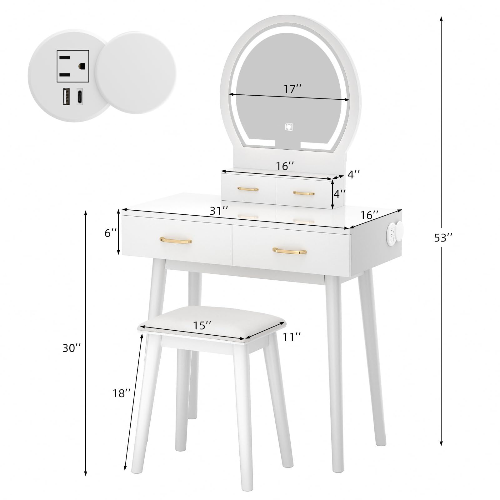 Lighted Makeup Vanity Desk with Mirror - Adjustable 3-Color Lighting & Brightness, Power Outlet, 4 Drawers & Soft Cushioned Stool - White Vanity Table for Women & Girls - Perfect for Bedroom, Dressing Room & Beauty Salon