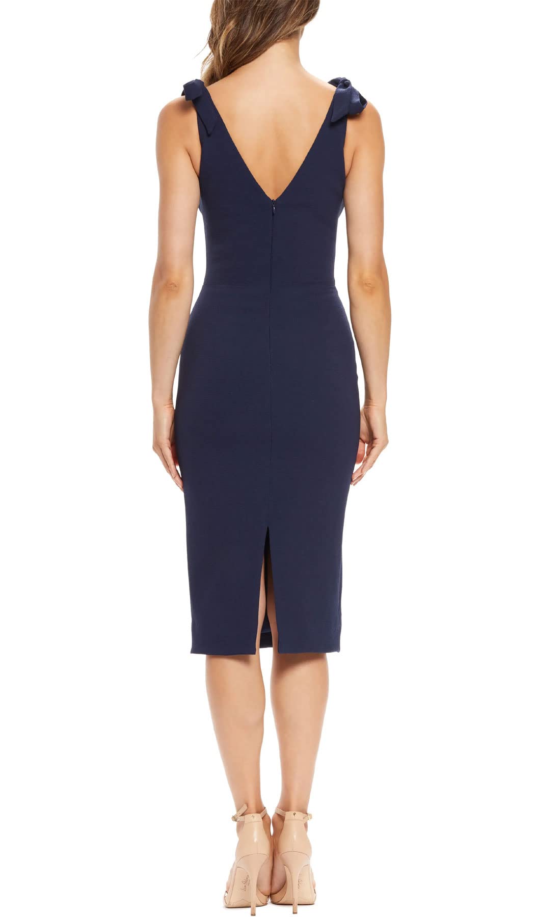Dress the Population Women's Lita Sleeveless Plunging V-Neck Midi Sheath Dress with Bow Details - Elegant Cocktail Party & Wedding Guest Attire