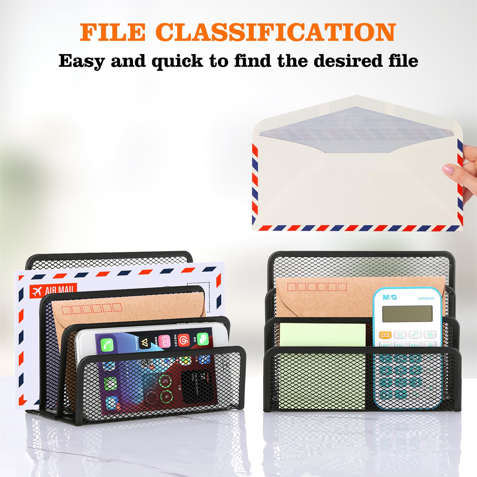 2-Pack Black Metal Mesh Desk Mail Organizer - Small File Holder for Letters, Bills, Documents, Folders & Paper - Perfect for Office, Home & School Desktop Organization