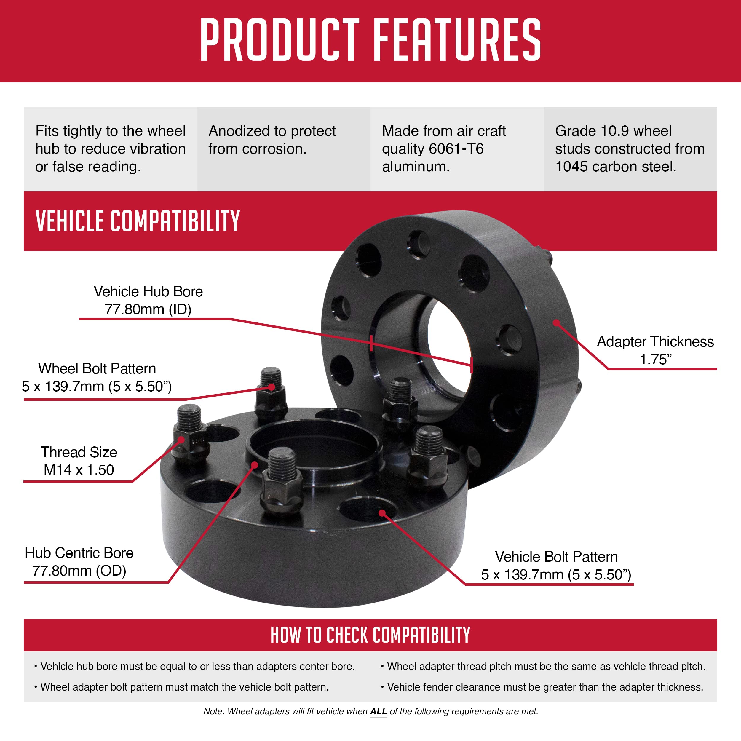 High-Quality 2-Piece Wheel Spacers Adapter Kit - Hub Centric 5x5.5 (5x139.7mm) 1.75