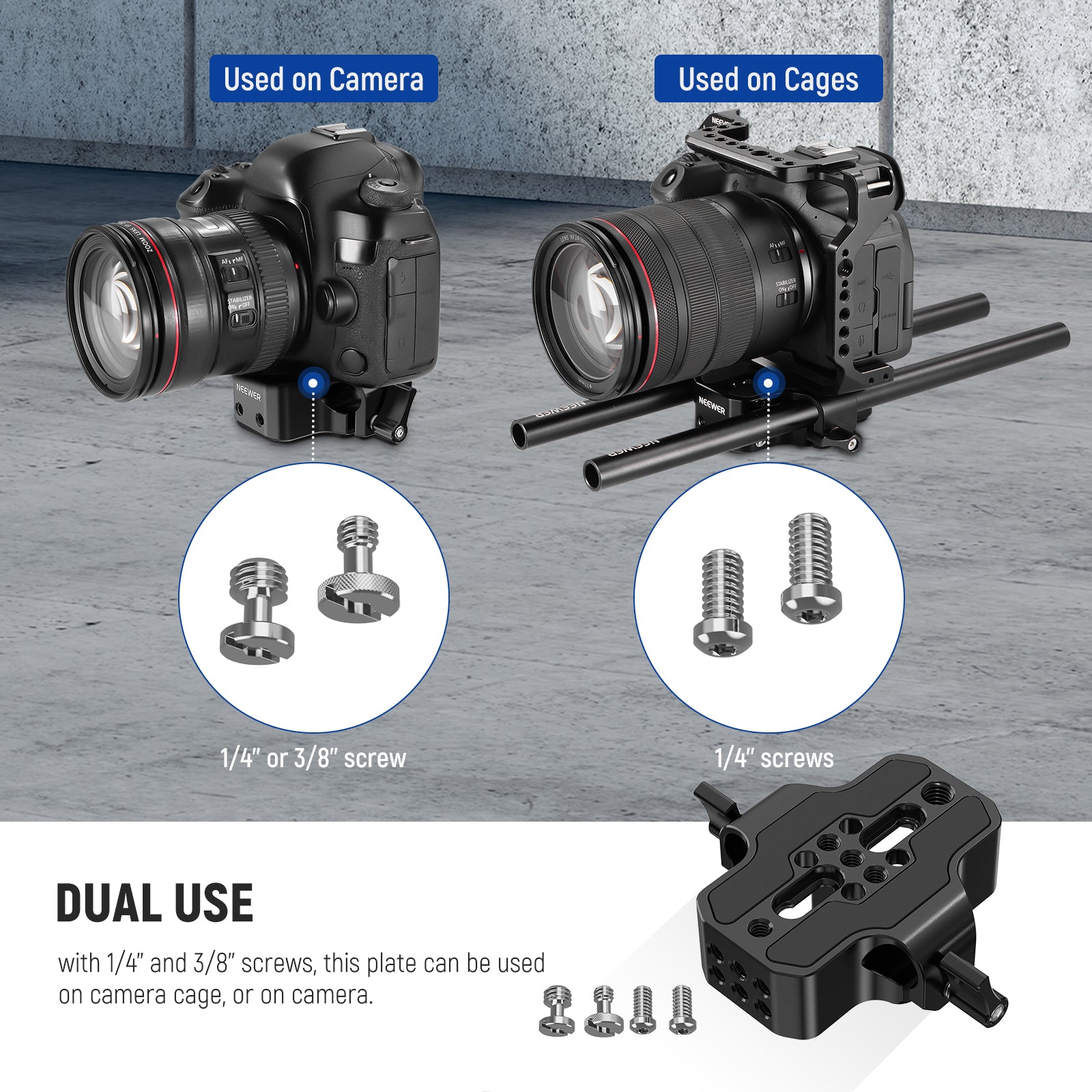 NEEWER SR001 Camera Base Plate with 15mm Rod Clamp Railblock - Compatible with DSLR, Mirrorless & Cinema Cameras - Perfect for Video Rig Setup, Vlogging & Film Production