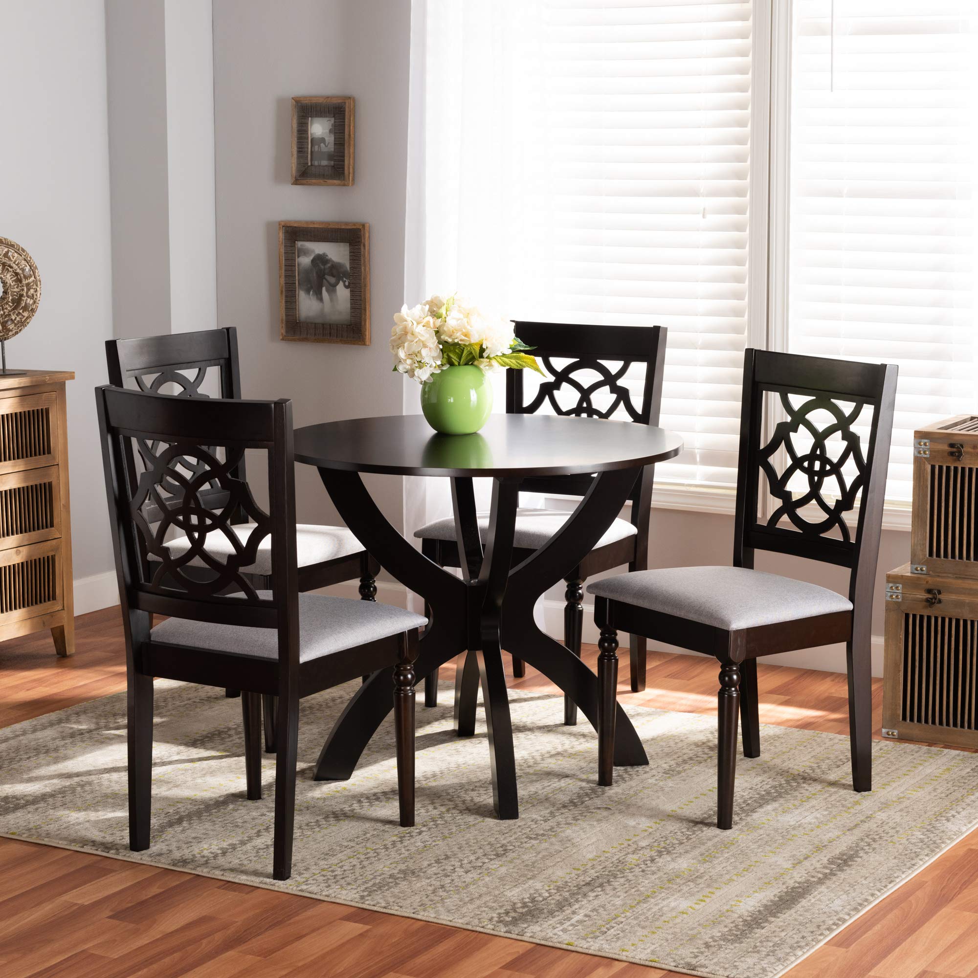 Baxton Studio Modern 5-Piece Dining Set - Grey & Dark Brown Wood Table with 4 Upholstered Chairs | Perfect for Small Spaces, Breakfast Nooks & Apartment Dining Rooms