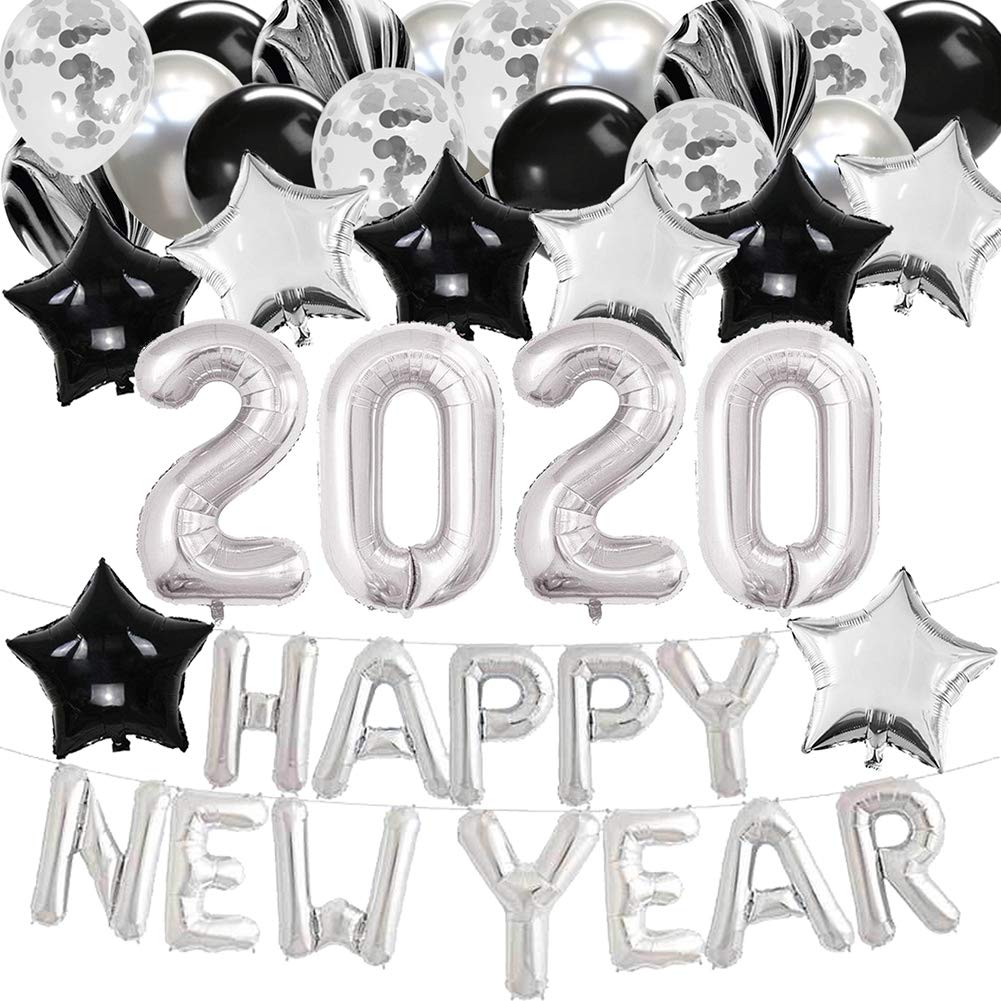 HappyField Silver 2020 New Year Party Decorations Kit - Silver Happy New Year Banner, Balloons, Confetti, Star Foil Balloons for NYE Celebrations, Countdown Parties & Holiday Home Decor