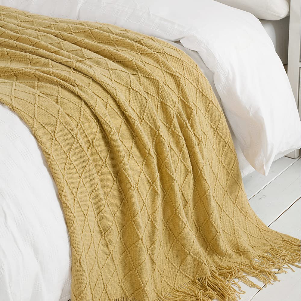 BOURINA Mustard Knitted Throw Blanket 50x90 Inches - Soft Textured Solid Sofa Cover, Couch Blanket, Bed Runner - Perfect for Living Room, Bedroom & Cozy Home Decor