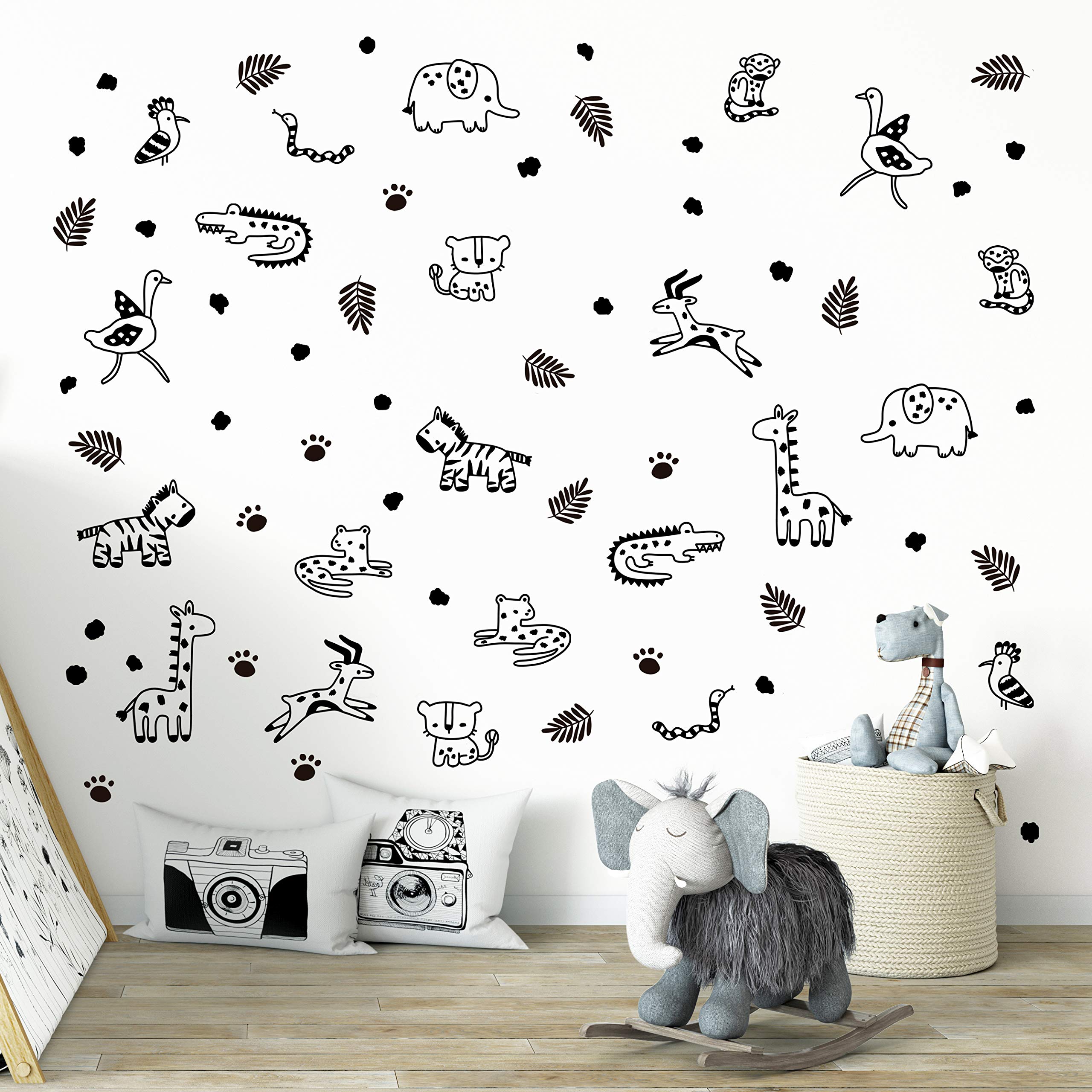 68-Piece Safari Jungle Animals Wall Decals - Peel & Stick Vinyl Wall Stickers for Kids Room, Nursery & Living Room Decor (Black) | Perfect for Baby Bedroom Themes & Playroom Wall Art