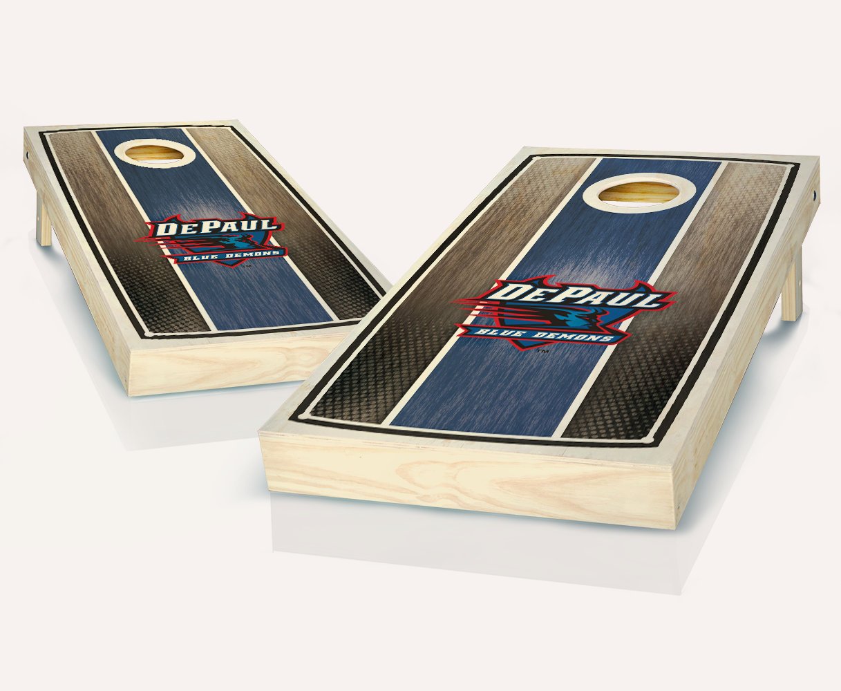 DePaul Blue Demons Regulation Size Cornhole Game Set - Custom Stained Striped Boards with 8 ACA Approved Bean Bags | Perfect for Tailgating, Backyard BBQs & College Game Day Parties