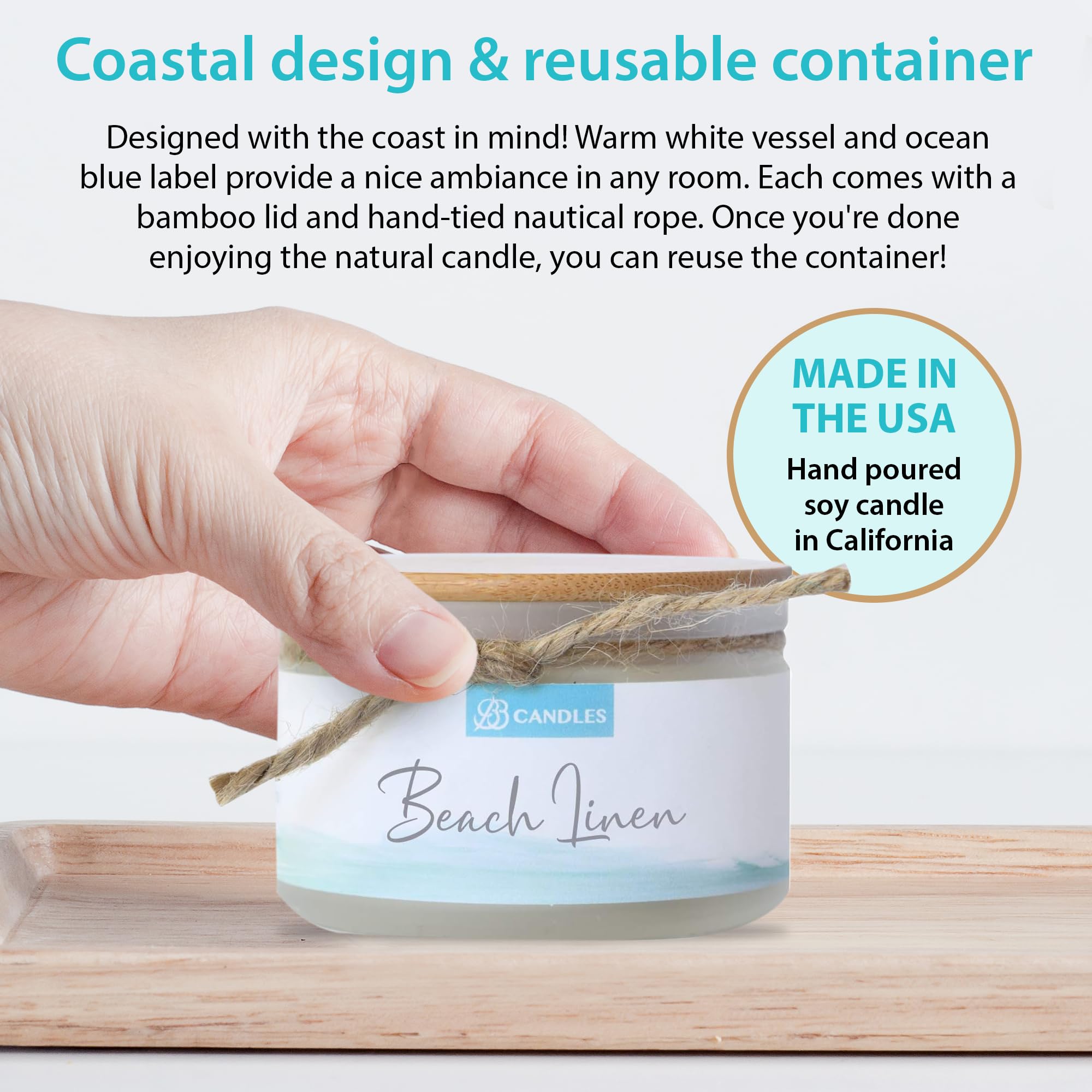 Natural Soy Hand-Poured Coastal Candle - Beach Linen Scent | 4oz Artisan Candle with 30+ Hours Burn Time | Strong Fragrance for Home Decor, Relaxation & Spa Atmosphere