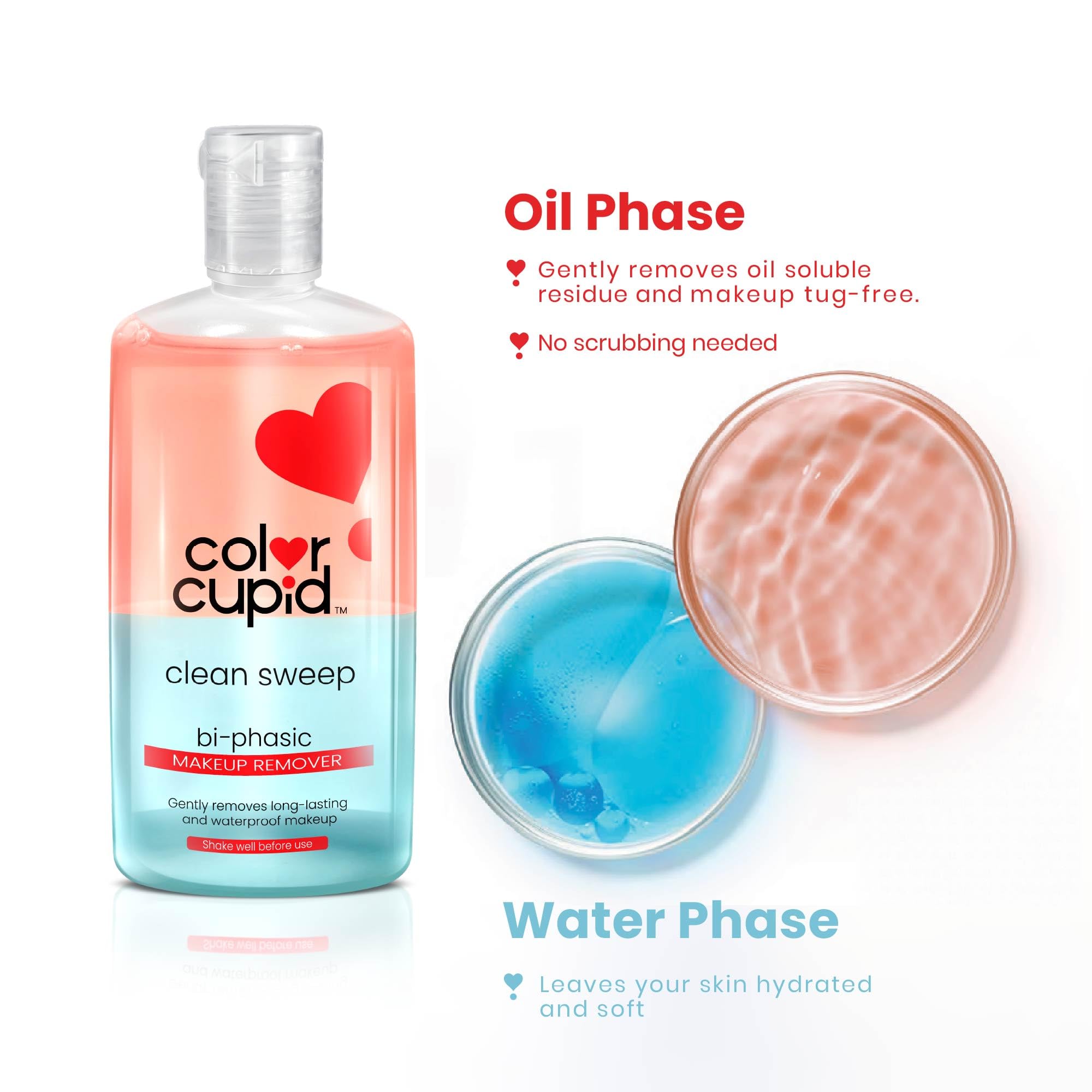 Color Cupid Bi-Phase Makeup Remover - Waterproof Makeup Remover for Eyes, Lips & Face | Gentle Cleansing Solution | 70ml | Perfect for Travel & Nighttime Skincare Routine