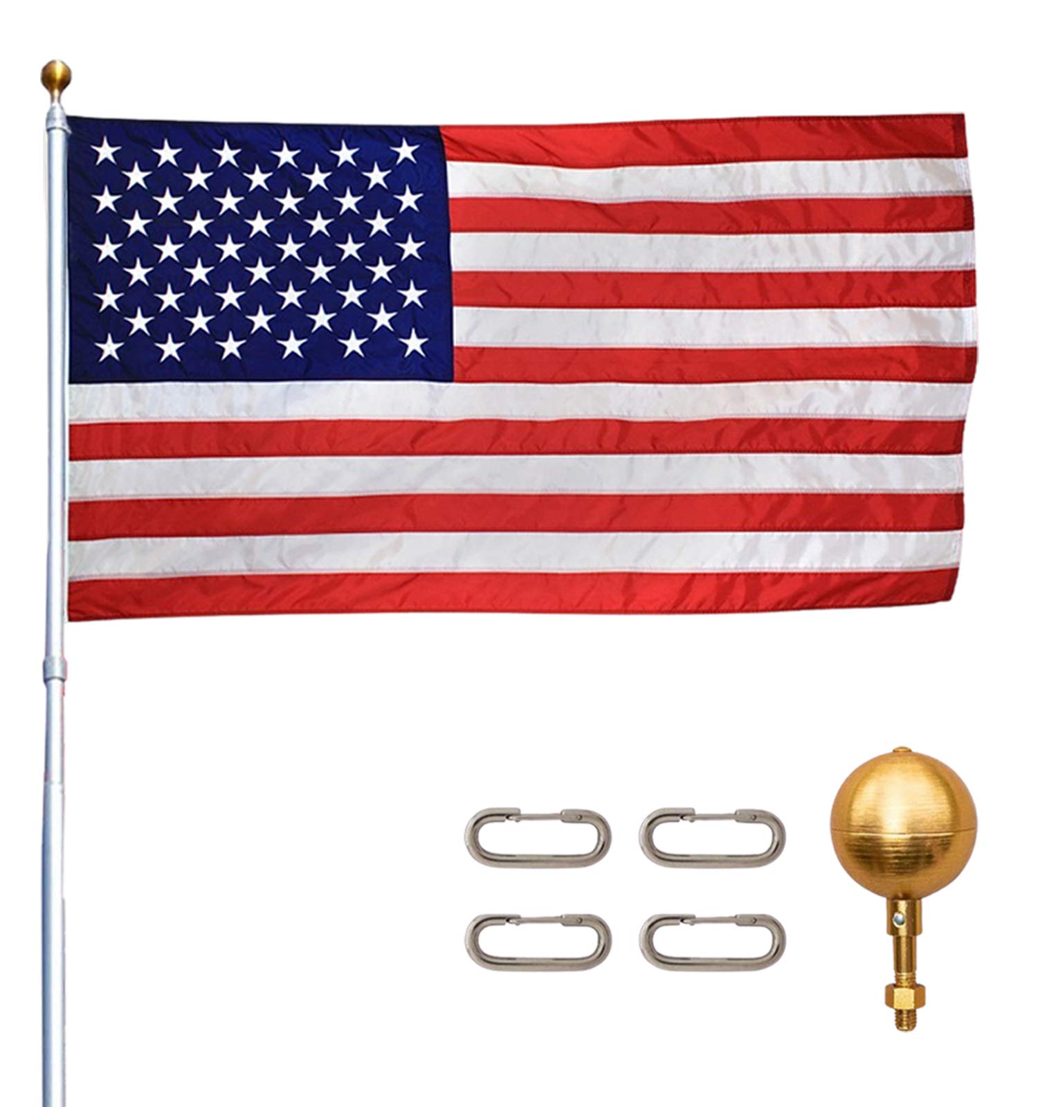15ft Heavy Duty Telescoping Flag Pole Kit - Anodized Aluminum Silver Flagpole Made in USA with 3x5 American Flag & Dual Flag Hardware | Perfect for Residential, Commercial & Patriotic Events