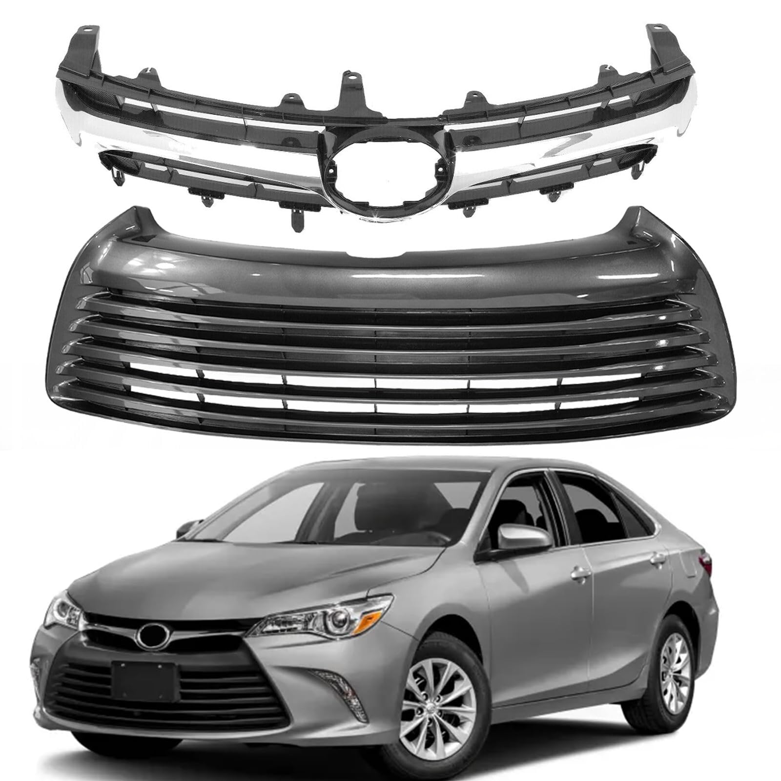 Chrome Trim Front Bumper Grille Set for 2015-2017 Toyota Camry LE XLE - Upper & Lower Grille Replacement - Perfect for Car Upgrades & Customization