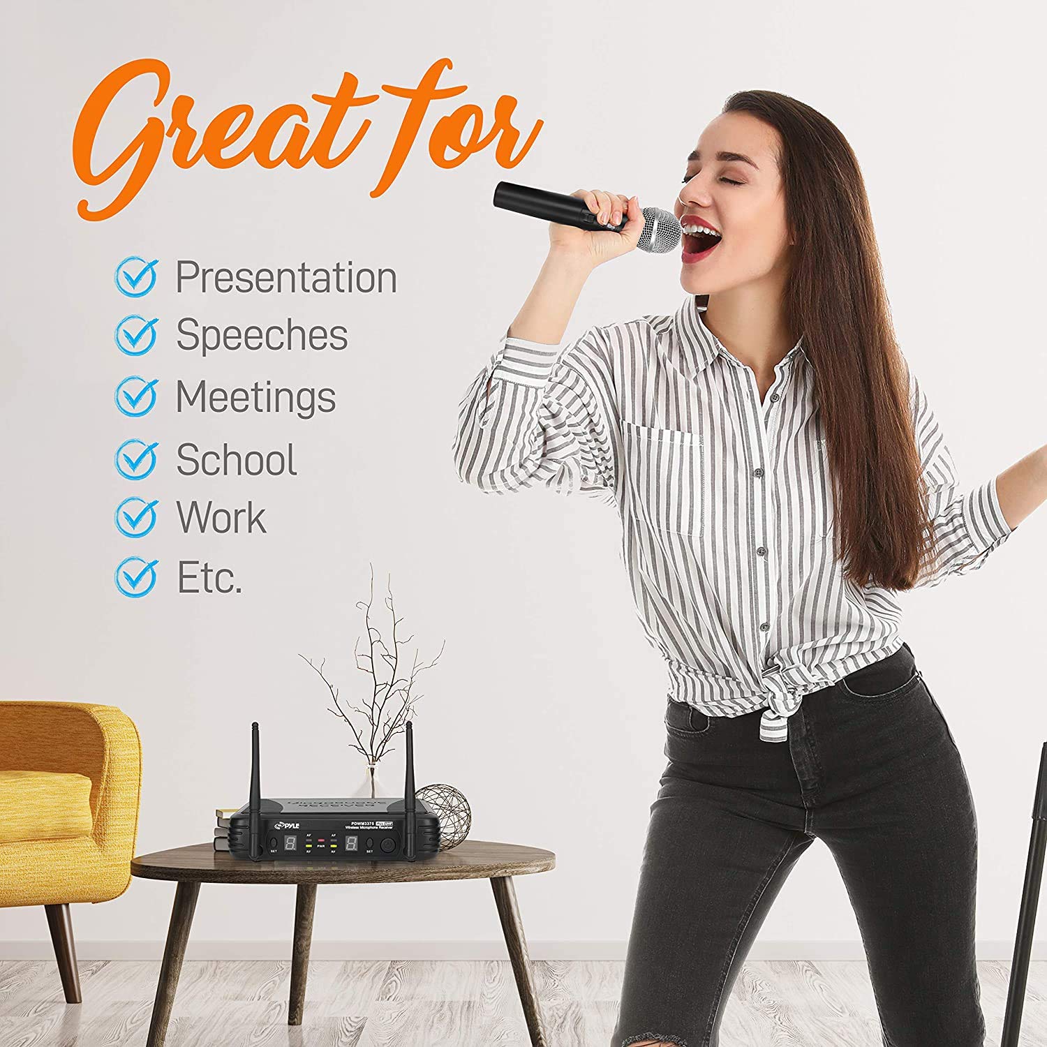 Pyle Professional Wireless Handheld Microphone System - Dual UHF Band Wireless Mic with 2 Handheld Mics, 8 Selectable Frequencies, Independent Volume Control | Ideal for Karaoke, Live Performances, Public Speaking & Events