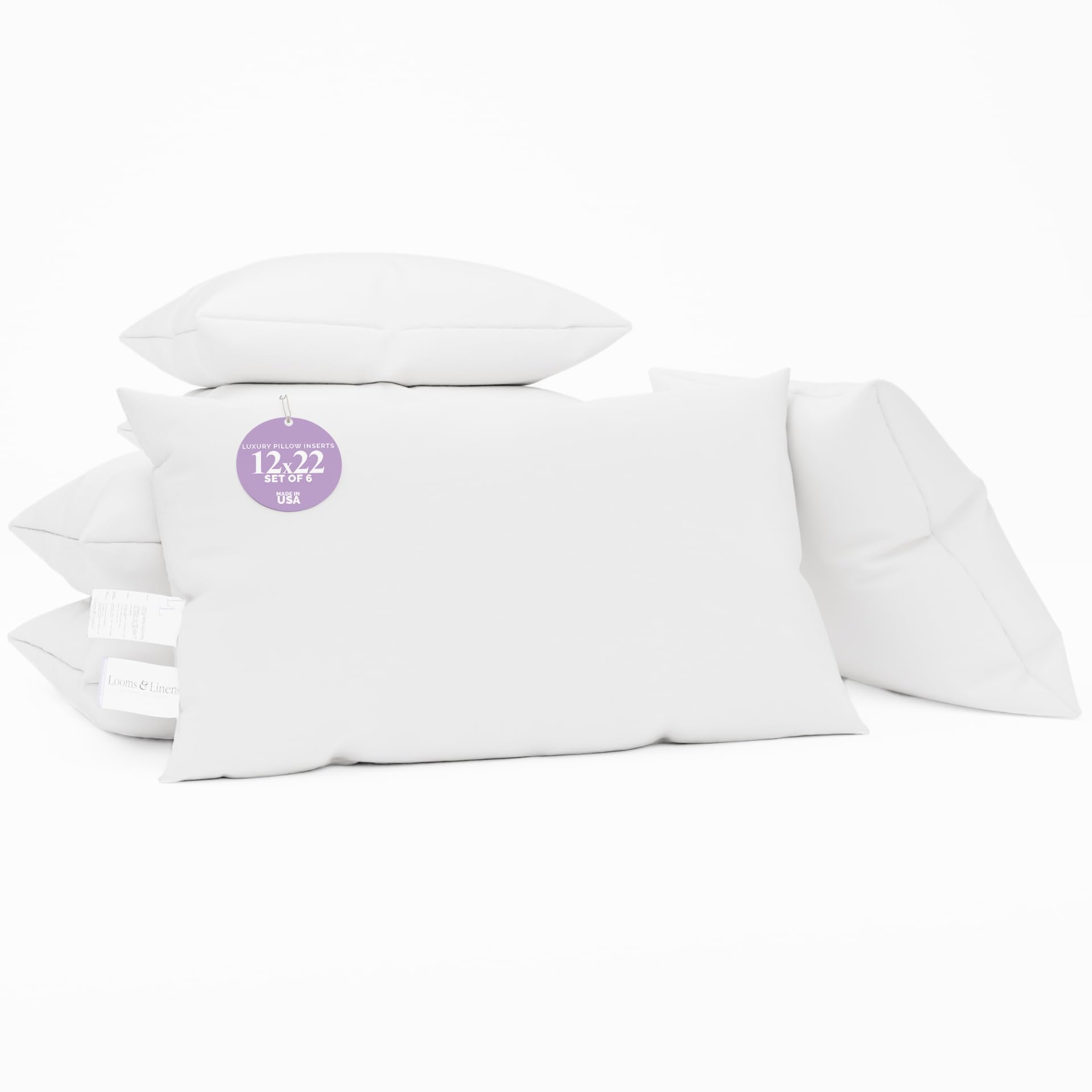 Set of 6 Down Alternative Lumbar Pillow Inserts 12x22 Inch - Hypoallergenic Sham Pillow Forms for Sofa & Bed - Made in USA by Looms and Linens | Perfect for Living Room Decor, Back Support & Home Staging