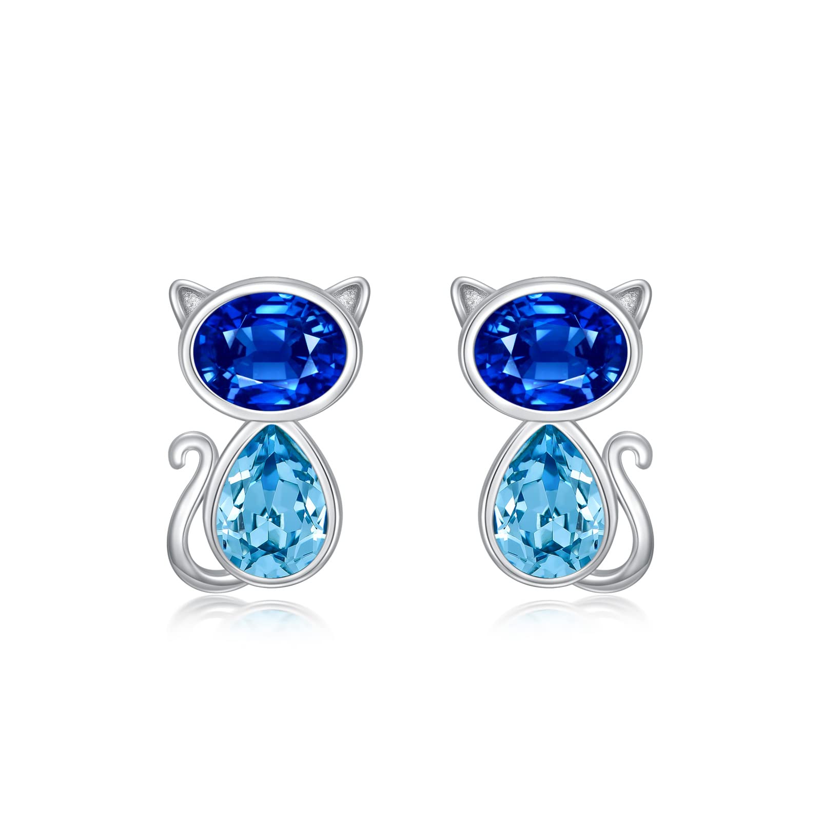 AOBOCO Sterling Silver Cat Stud Earrings with Austrian Blue Purple Crystals - Cute Kitten Jewelry Gift for Cat Lovers | Perfect for Women's Birthday, Anniversary & Pet-Themed Occasions