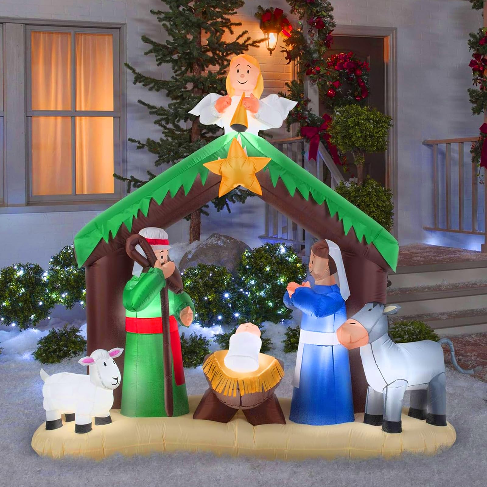 6.4 FT Christmas Inflatable Nativity Scene with Jesus, Stable & Angels - Outdoor/Indoor LED Lighted Yard Decoration for Holiday Decor - Perfect for Home, Church, and Christmas Party Decorations