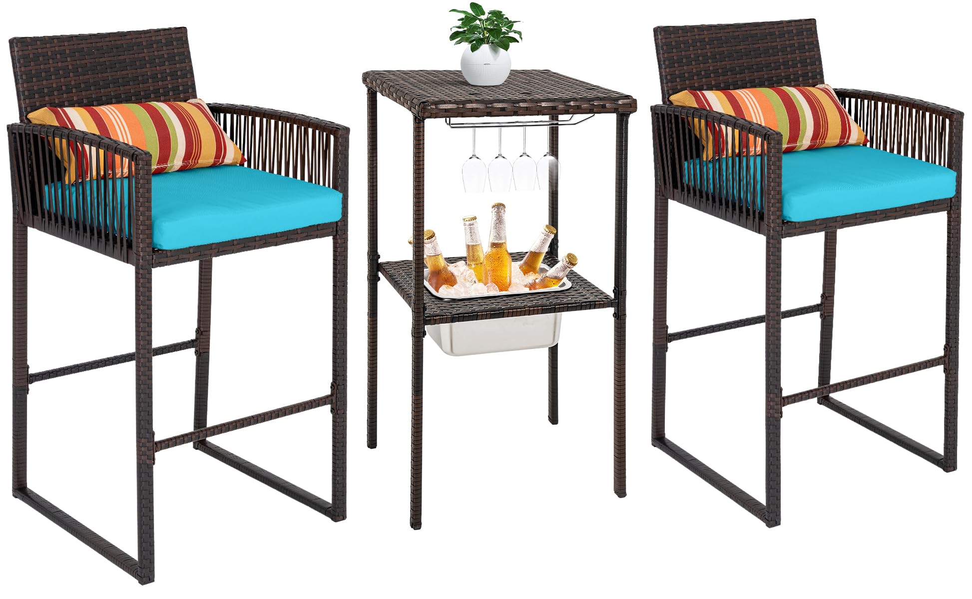 Sundale Outdoor 3-Piece Wicker Bar Set with Ice Bucket, 2 Pub Stools & Glass Holder - Brown Rattan & Blue Cushions - Perfect for Patio, Garden, Poolside & Backyard Entertaining