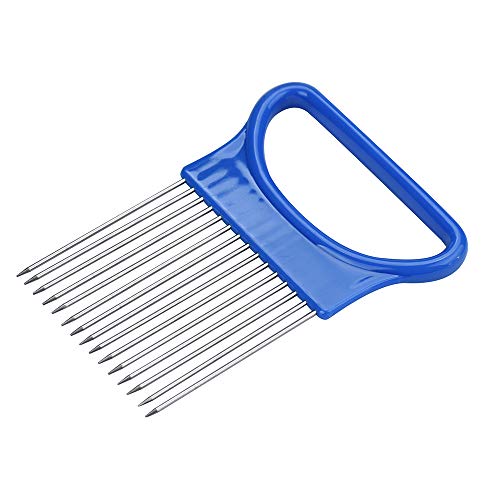 Stainless Steel Food Slicer - Onion Holder, Tomato & Vegetable Cutter, Meat Slicing Kitchen Gadget with Peeler (Blue) - Perfect for Meal Prep, Salad Making & Cooking Accessories