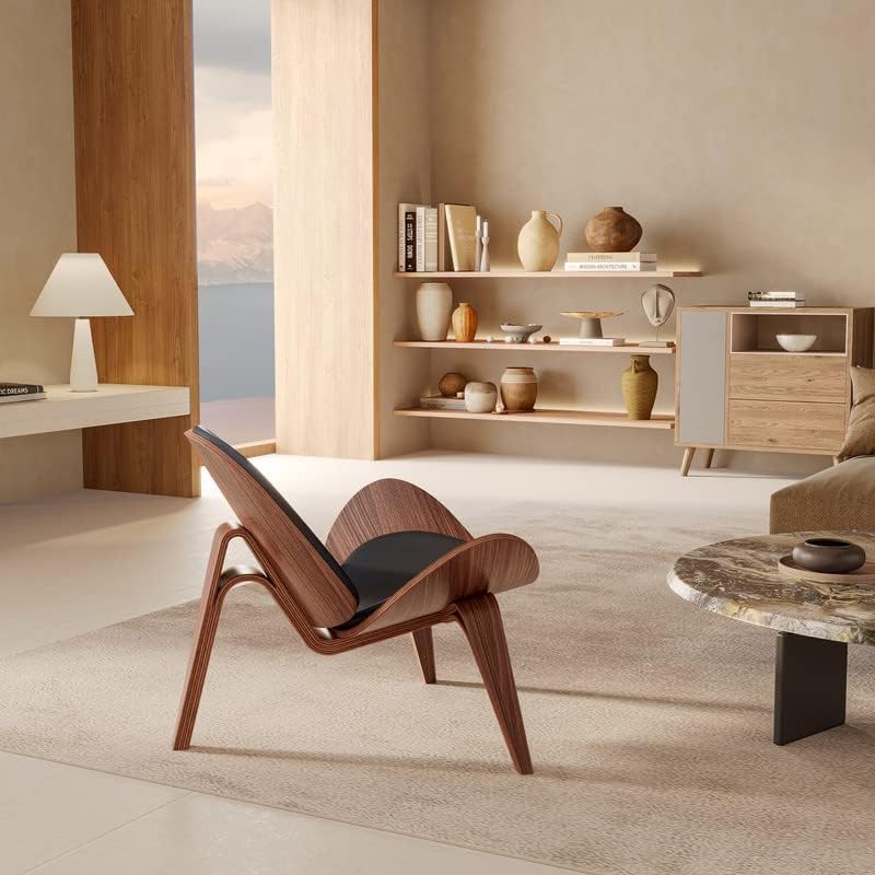 Mid Century Modern Shell Lounge Chair - PU Leather Upholstery, Tripod Plywood Base & Solid Wood Accent - Classic Design Living Room Chair for Reading Nook, Office Lounge & Salon Decor (Brown) - Perfect for Modern Homes, Coffee Shops and Waiting Areas