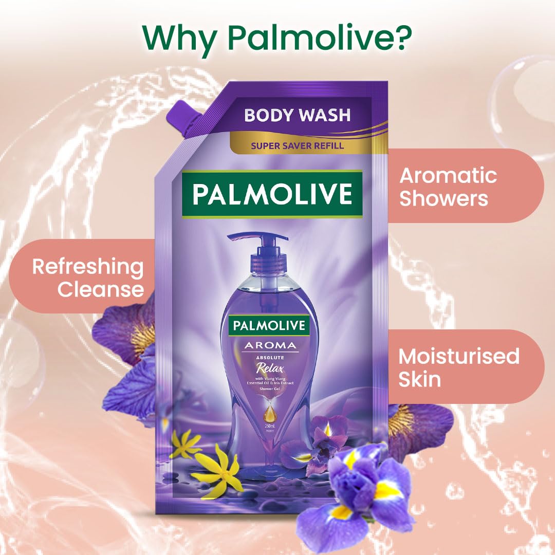 Palmolive Aroma Absolute Relax Body Wash for Women & Men - 750ml Refill Pack with 100% Natural Ylang Ylang Essential Oil & Iris Extracts | pH Balanced, Skin-Softening Shower Gel for Stress Relief & Daily Relaxation | Perfect for Spa Nights & Self-Care Routines