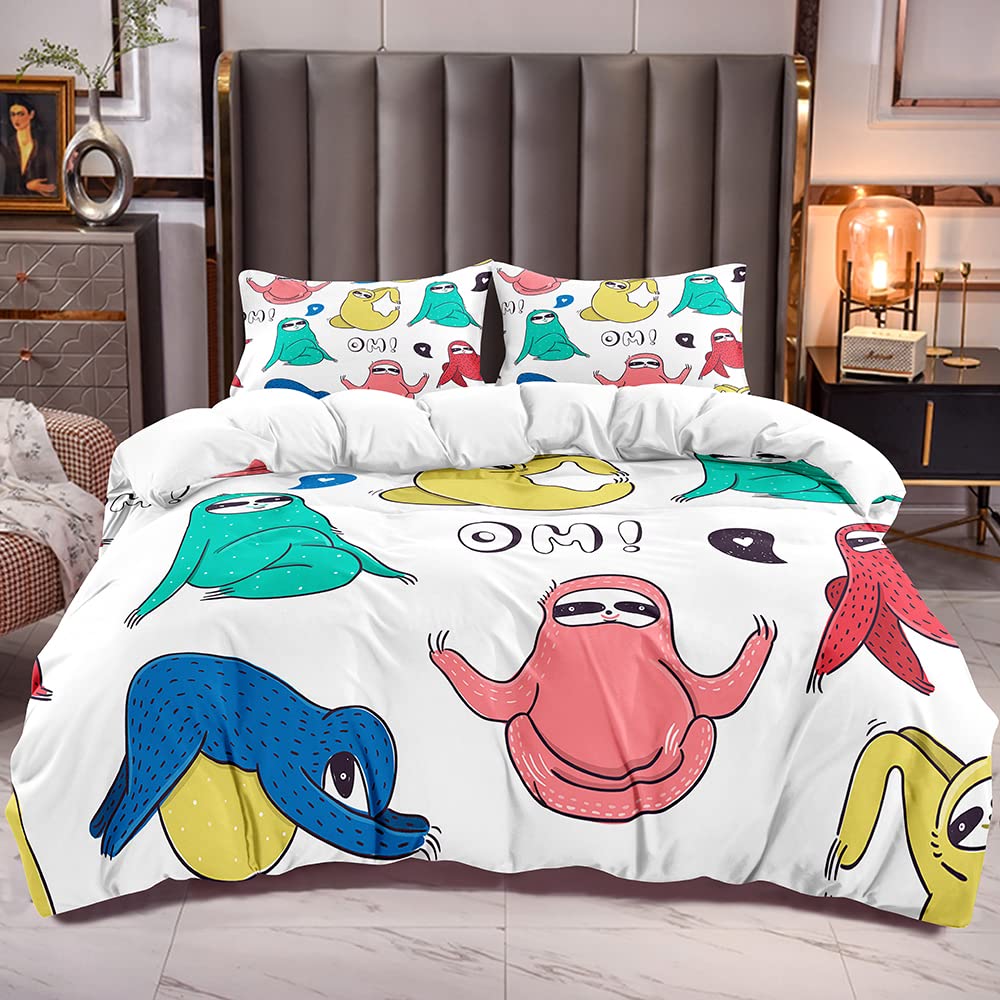 King Size Yoga Sloth Print Duvet Cover Set - Cute Animal Comforter Cover with 2 Pillow Shams | Colorful Sloth Bedding for Cozy Home Decor | Perfect for Kids Rooms, Dormitories & Yoga Enthusiasts