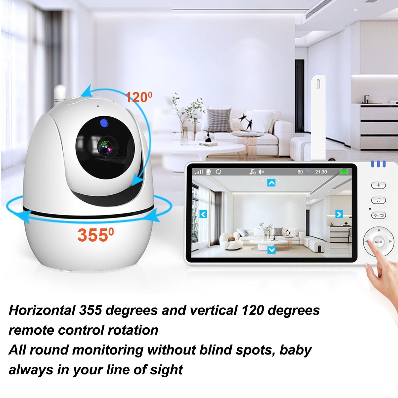 5 Inch Indoor Security Camera with Night Vision & Motion Sensor - Baby Monitor with Alarm, US Plug - Ideal for Home, Nursery & Pet Monitoring