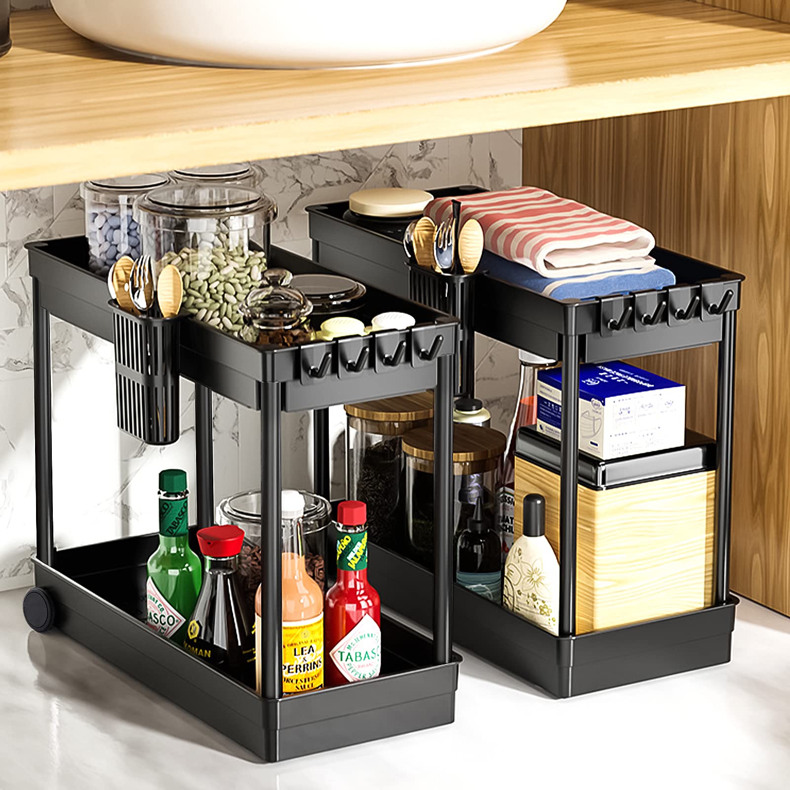 McNory 2-Tier Under Sink Organizer Shelf with 8 Hooks & 4 Hanging Cups - Bathroom & Kitchen Cabinet Storage for Sponges, Cleaning Supplies - Perfect for Small Spaces, Vanity, Countertop Organization