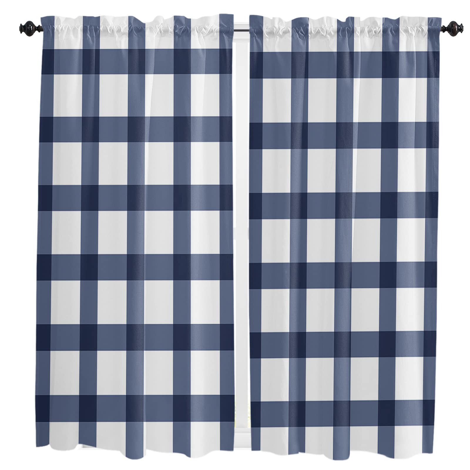 Blue Check Plaid Window Curtain Panels - Buffalo Farmhouse Style Rod Pocket Drapes (Set of 2, 42x63 Inches) for Living Room, Bedroom & Kitchen Decor | Perfect for Rustic, Country & Farmhouse Interior Design