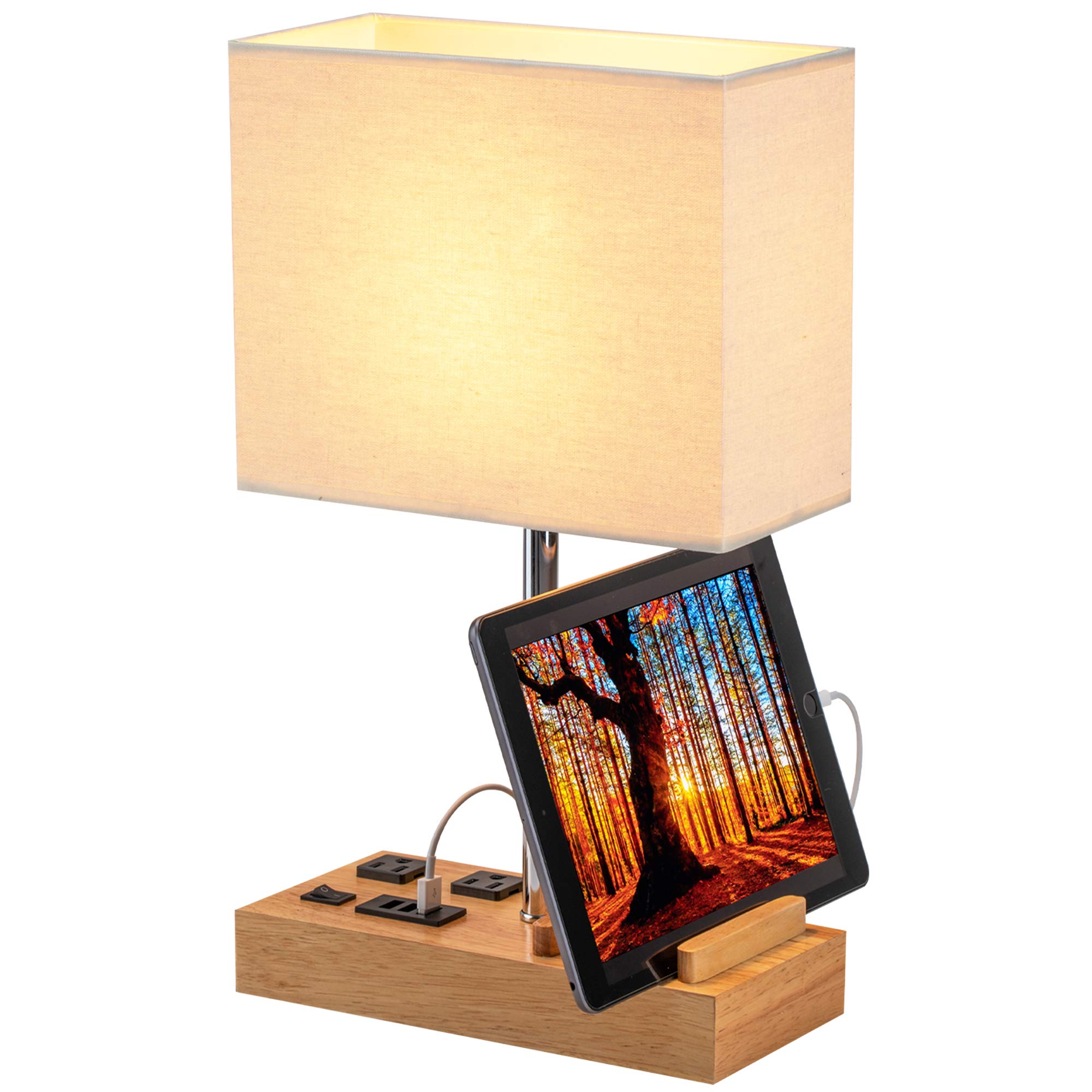 Dreamholder Modern Desk Lamp with 3 USB Ports & 2 AC Outlets - Wooden Base Table Lamp with Phone Stands & Cream Linen Shade - Perfect for Home Office, Bedroom Nightstand, and Study Room Lighting
