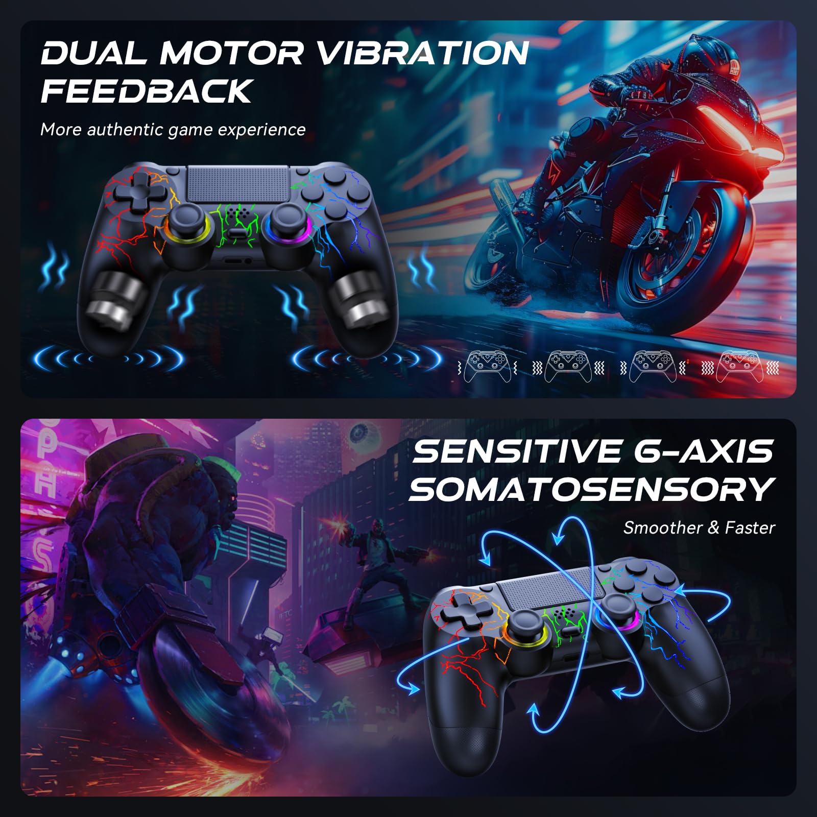 PS4 Wireless Controller 2-Pack - RGB LED, Hall Effect Joystick, Dual Vibration for Gaming on PS4/Slim/Pro/PC