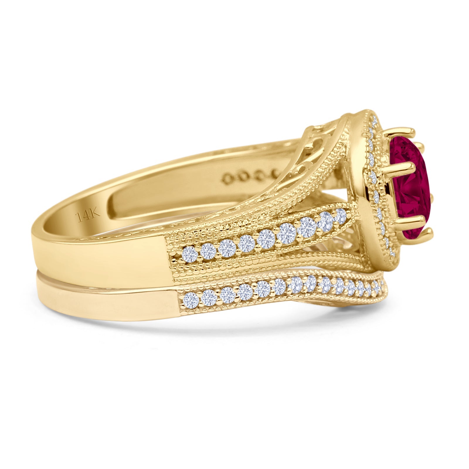 14K Yellow Gold Two-Tone Round Halo Split Shank Ruby & CZ Engagement Ring Set - Perfect for Wedding, Anniversary & Valentine's Day Gifts