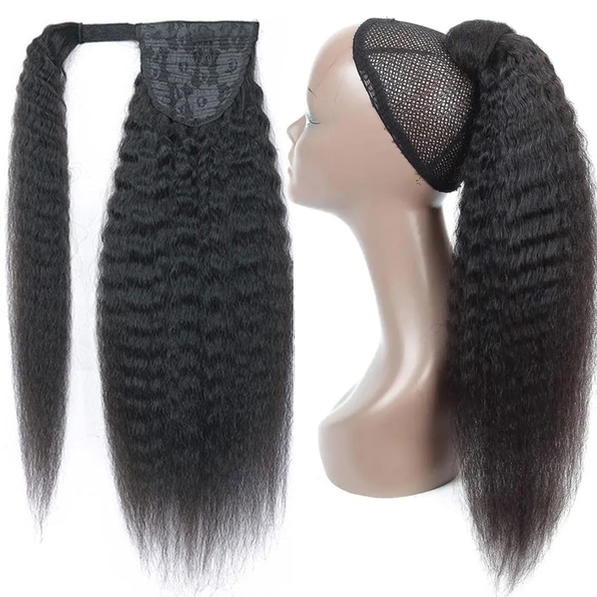 Wrap Around Long Kinky Straight Ponytail Hair Extensions - 26 Inch Clip-in Ponytail Human Hair Extensions for Women - Natural Black Yaki Straight Remy Hair - Perfect for Parties, Weddings & Everyday Styling