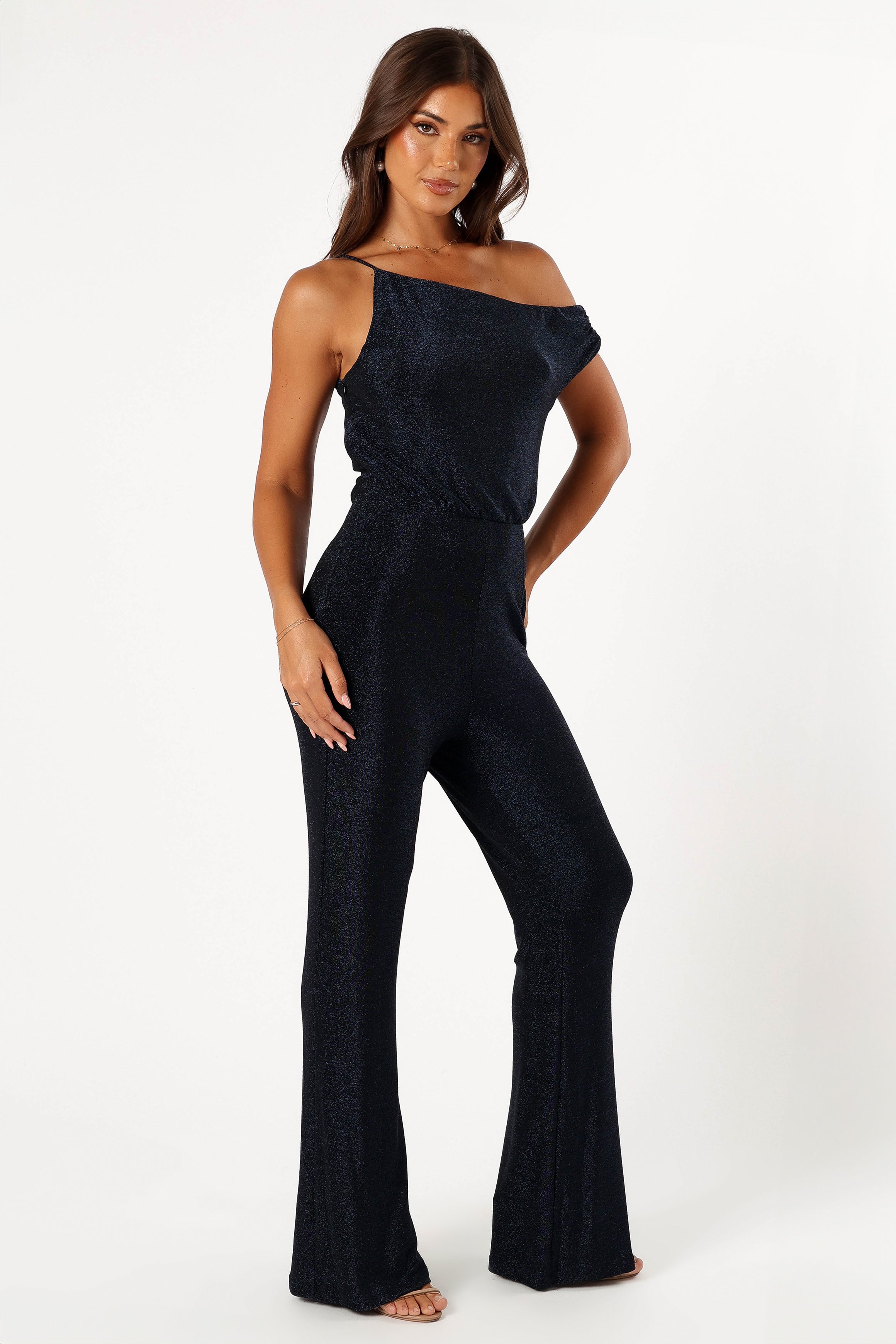 Heather One Shoulder Jumpsuit for Women - Navy Blue Romper with Elastic Waist, Perfect for Beach Vacation, Party & Night Out