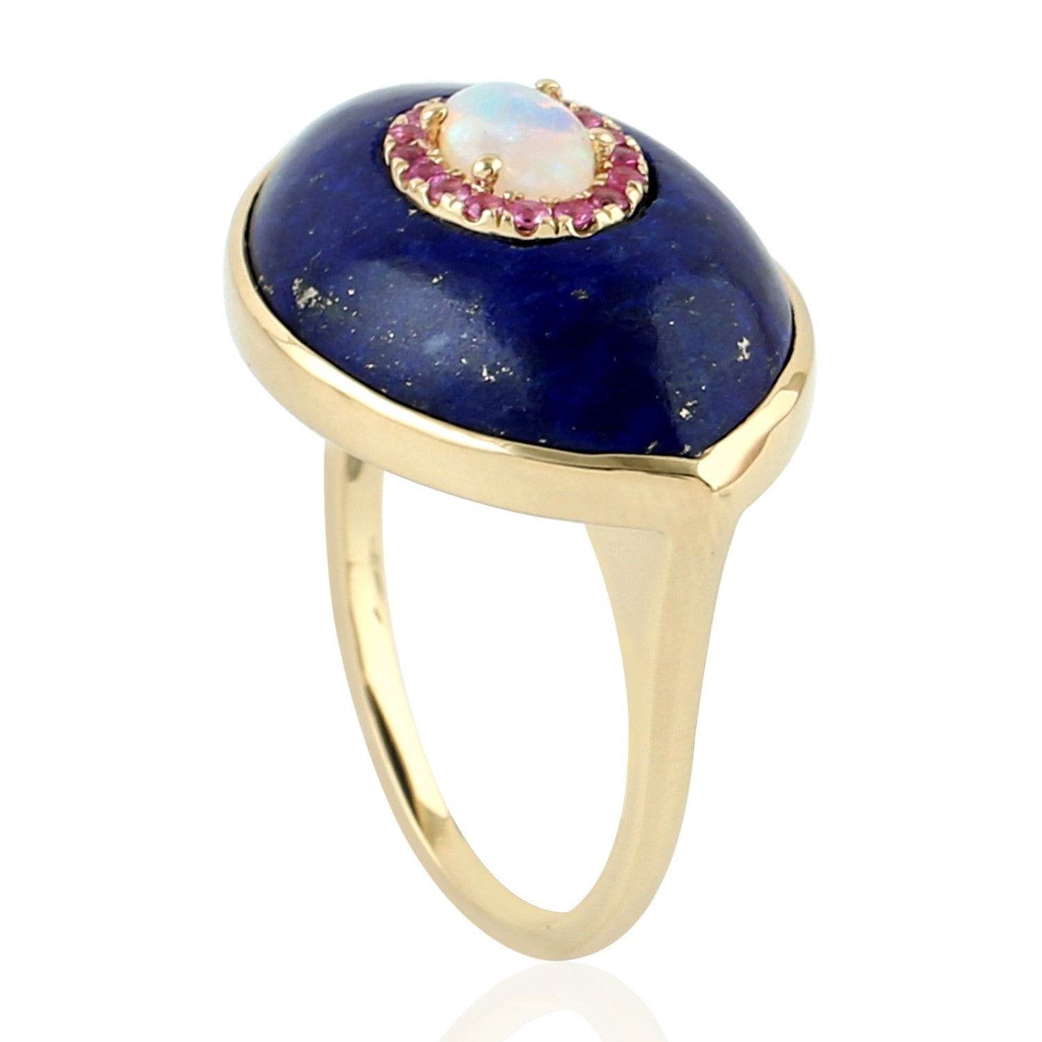 14K Gold Evil Eye Ring with Fancy Cut Lapis Pink Sapphire & Ethiopian Opal – Perfect for Protection, Spiritual Healing & Boho Jewelry Gifts