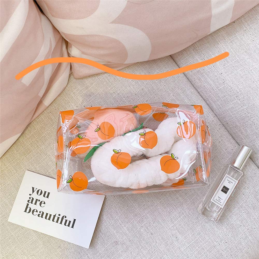 Crystal Clear Cosmetic Bags for Women - Waterproof Travel Toiletry & Makeup Organizer with Portable Brush Storage - Cute Cartoon Design (Peaches) - Perfect for Travel, Gym, and Daily Beauty Routine