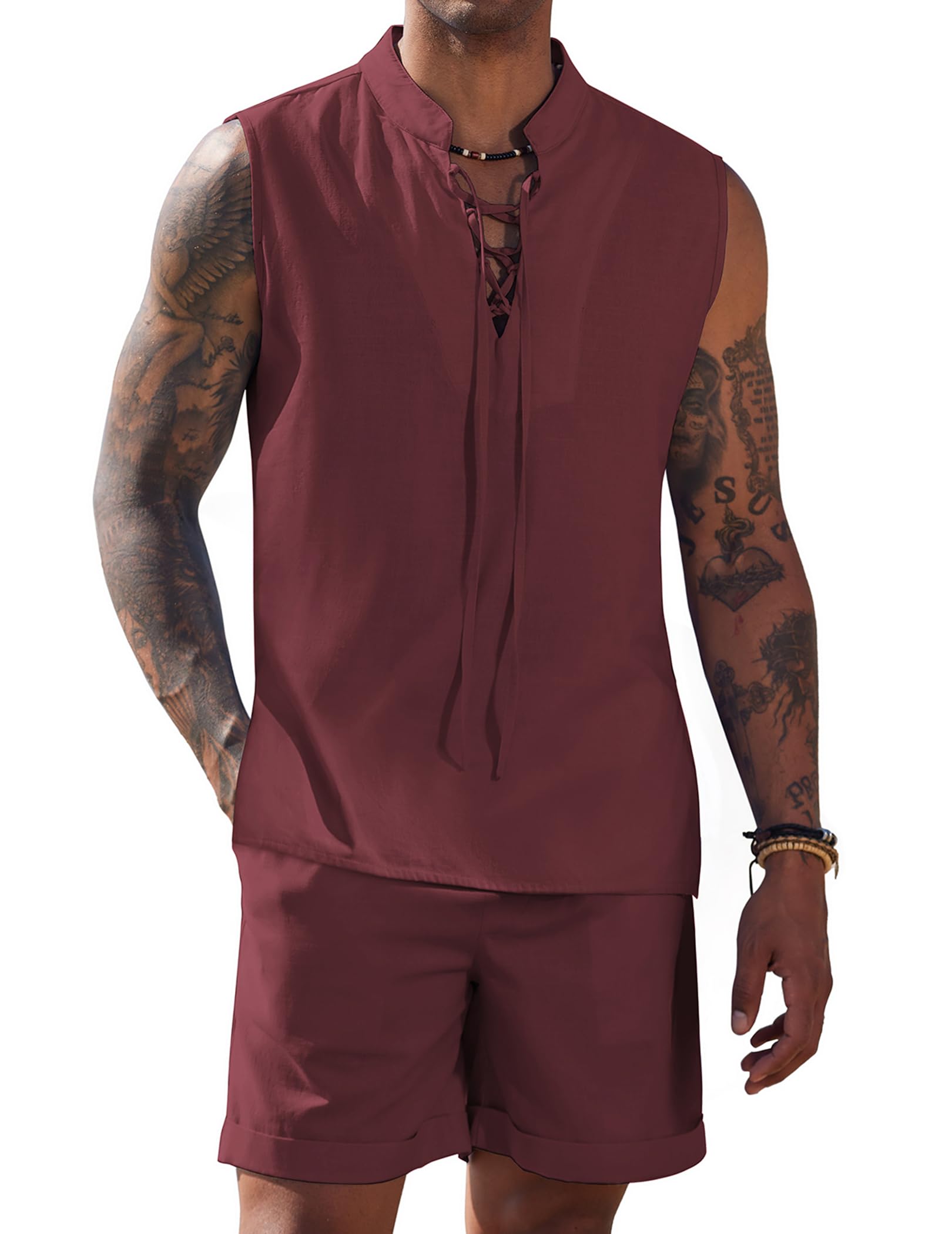 COOFANDY Men's 2-Piece Linen Beach Outfit Set - Breathable Lace-Up Hippie Tank Top & Matching Shorts for Summer Casual Wear | Perfect for Beach Vacations, Music Festivals, and Boho Style Outfits