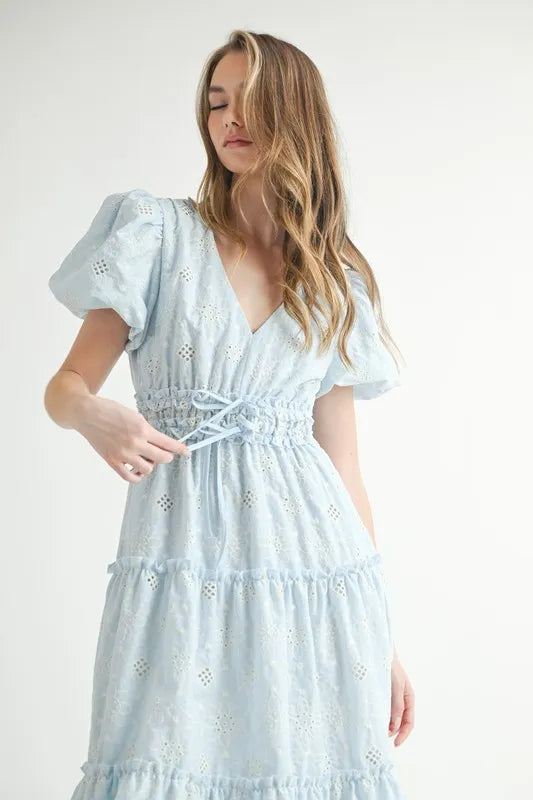 Light Blue Puff Sleeve V-Neck Midi Summer Dress - Flowy Casual Sundress for Beach, Vacation & Date Night