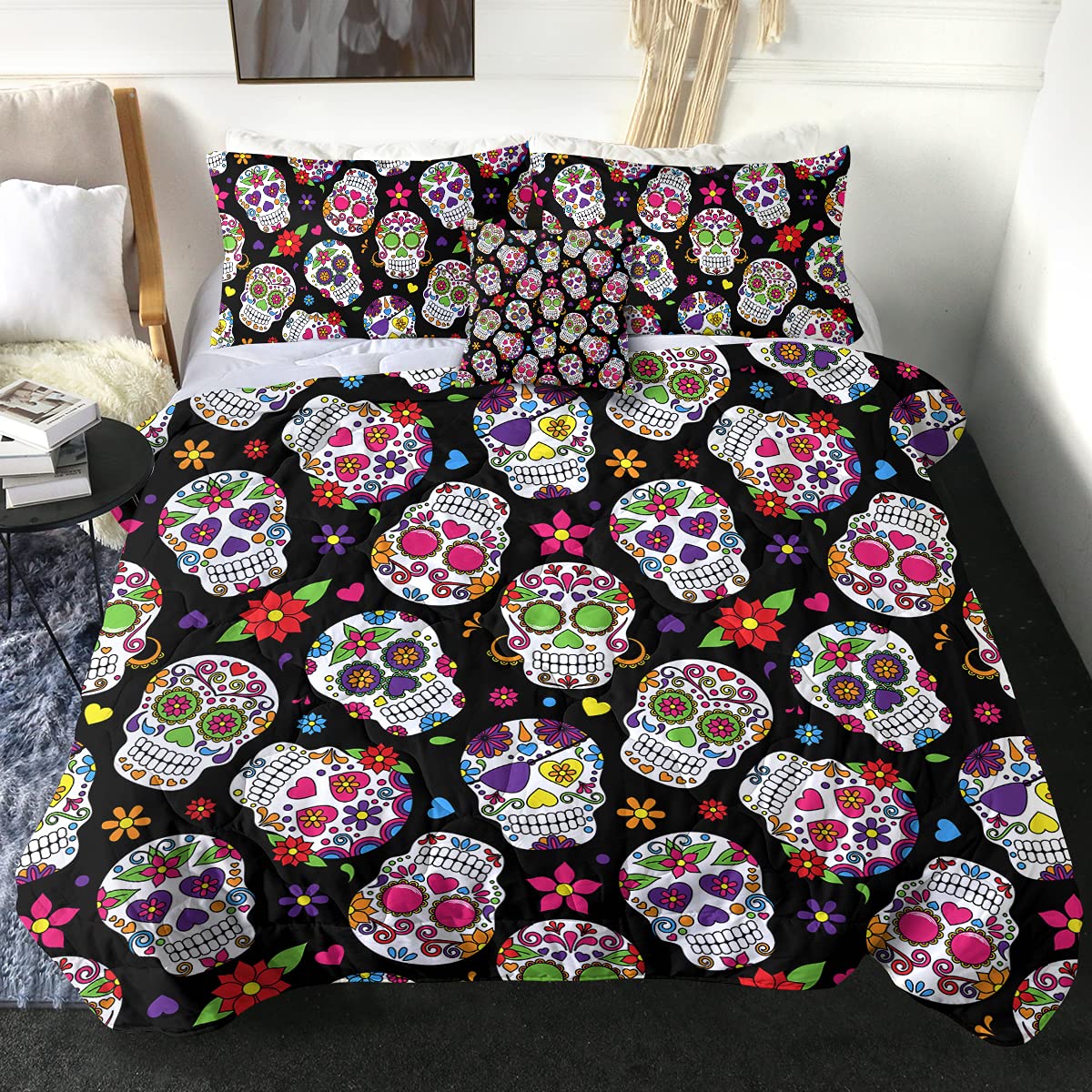 Sleepwish Sugar Skull Queen Size 4-Piece Comforter Set - Vibrant Skull & Floral Design Bedding for Bohemian & Gothic Home Decor - Perfect for Teen Rooms, Dormitories & Themed Bedrooms