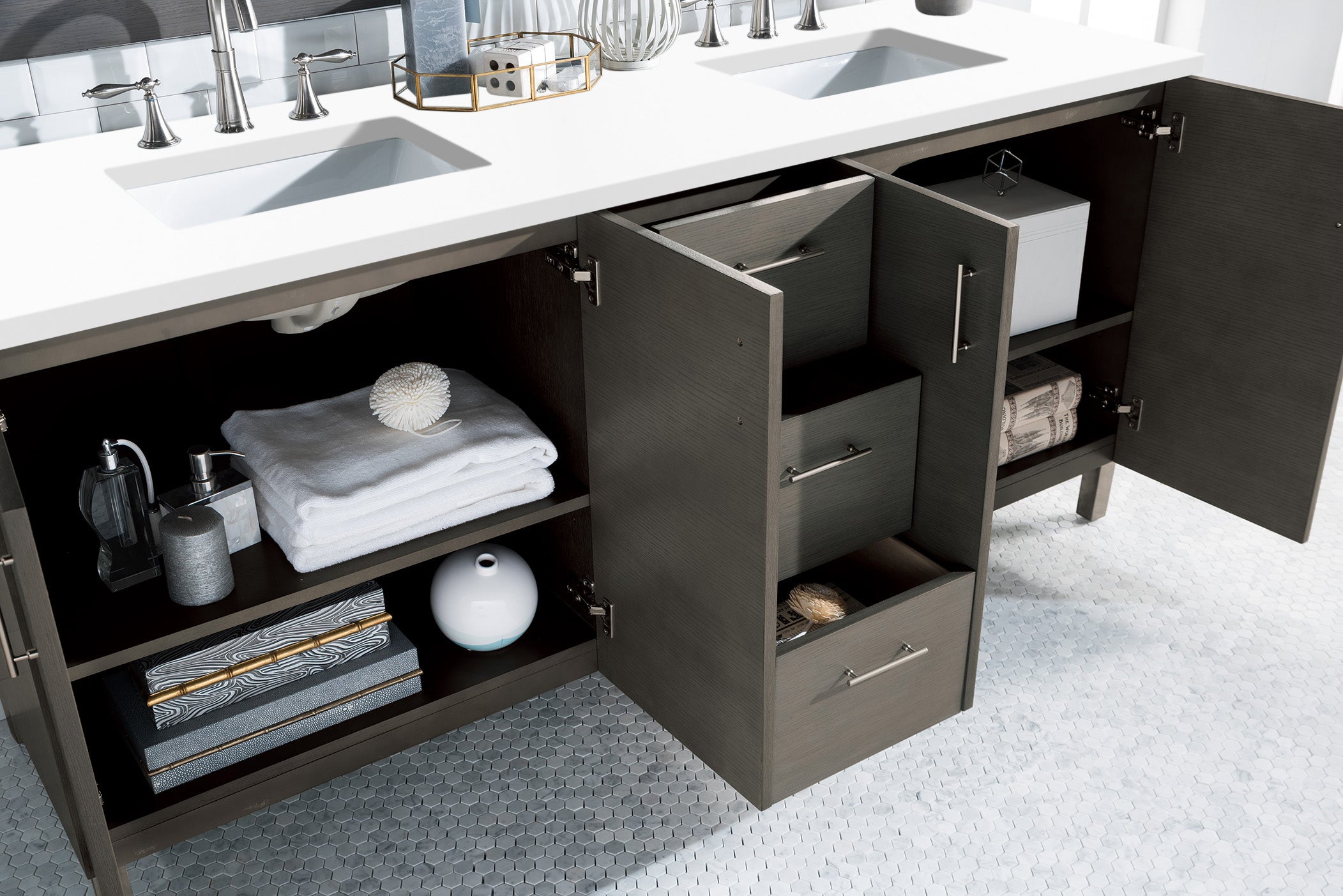 Metropolitan 72 Inch Double Bathroom Vanity with Silver Oak Finish & 3CM Classic White Quartz Countertop - Perfect for Master Bathroom Renovation & Modern Home Decor
