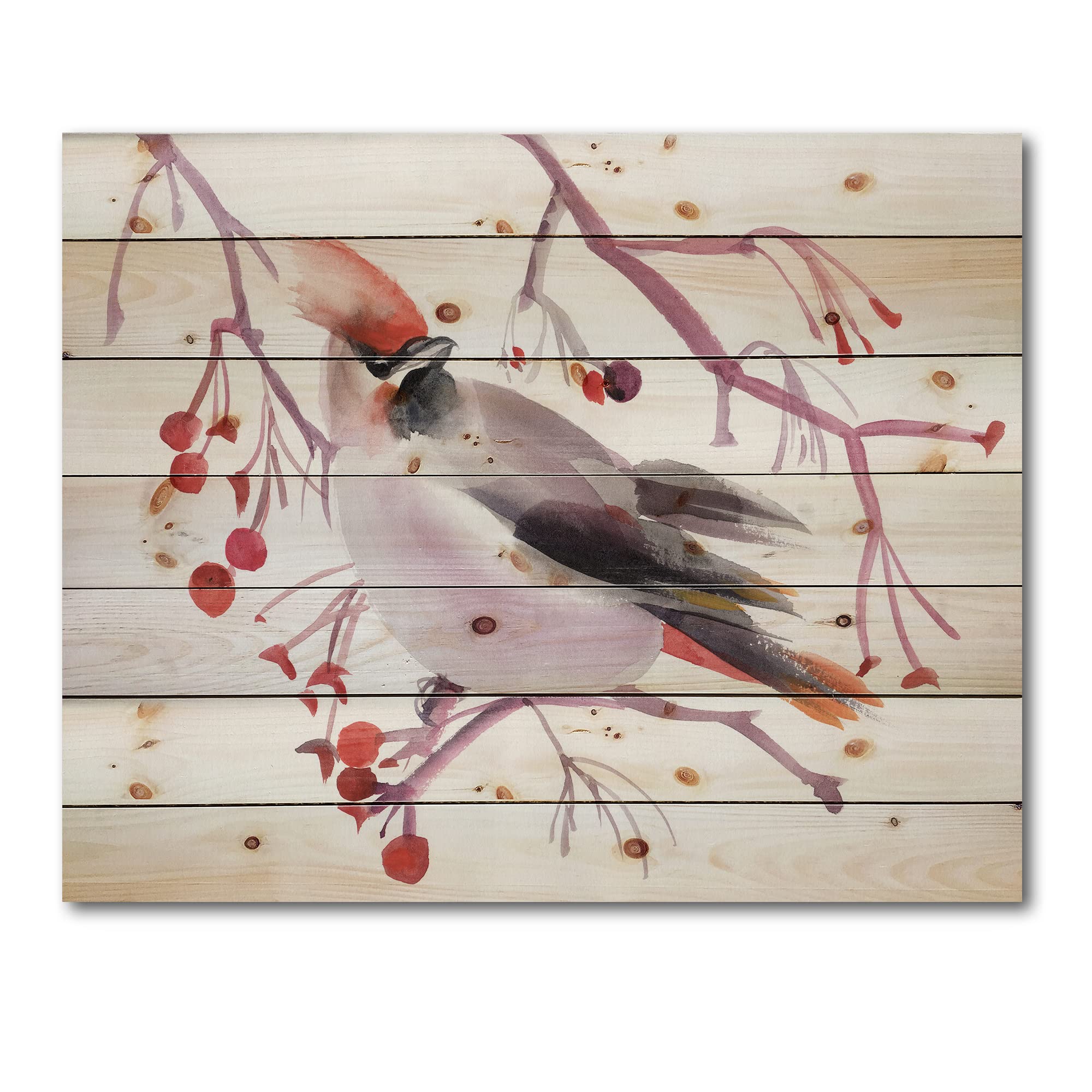 DesignQ Waxwing Bird on Branch Traditional Wood Wall Art - Handcrafted Red Wood Decor, Large Animal Print on Natural Pine Wood Panel - Perfect for Living Room, Bedroom & Office Decor