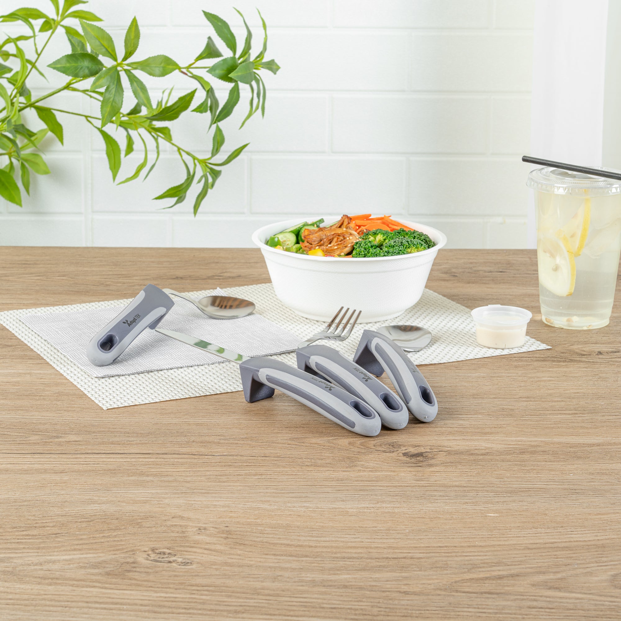 Adapt Tek Gray Stainless Steel 4-Piece Adaptive Offset Utensil Set for Left-Handed Users - Lightweight, Non-Slip Grip - Perfect for Arthritis & Limited Mobility - 1 Count Box - Ideal for Cooking, Dining & Assisted Living