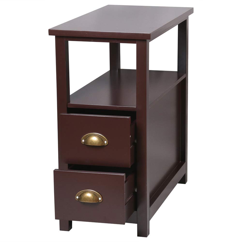 Rustic Double-Tier Coffee Side Table with 2 Drawers & Open Shelf - Narrow End Table for Living Room, Bedroom - Perfect for Small Spaces & Coffee Lovers