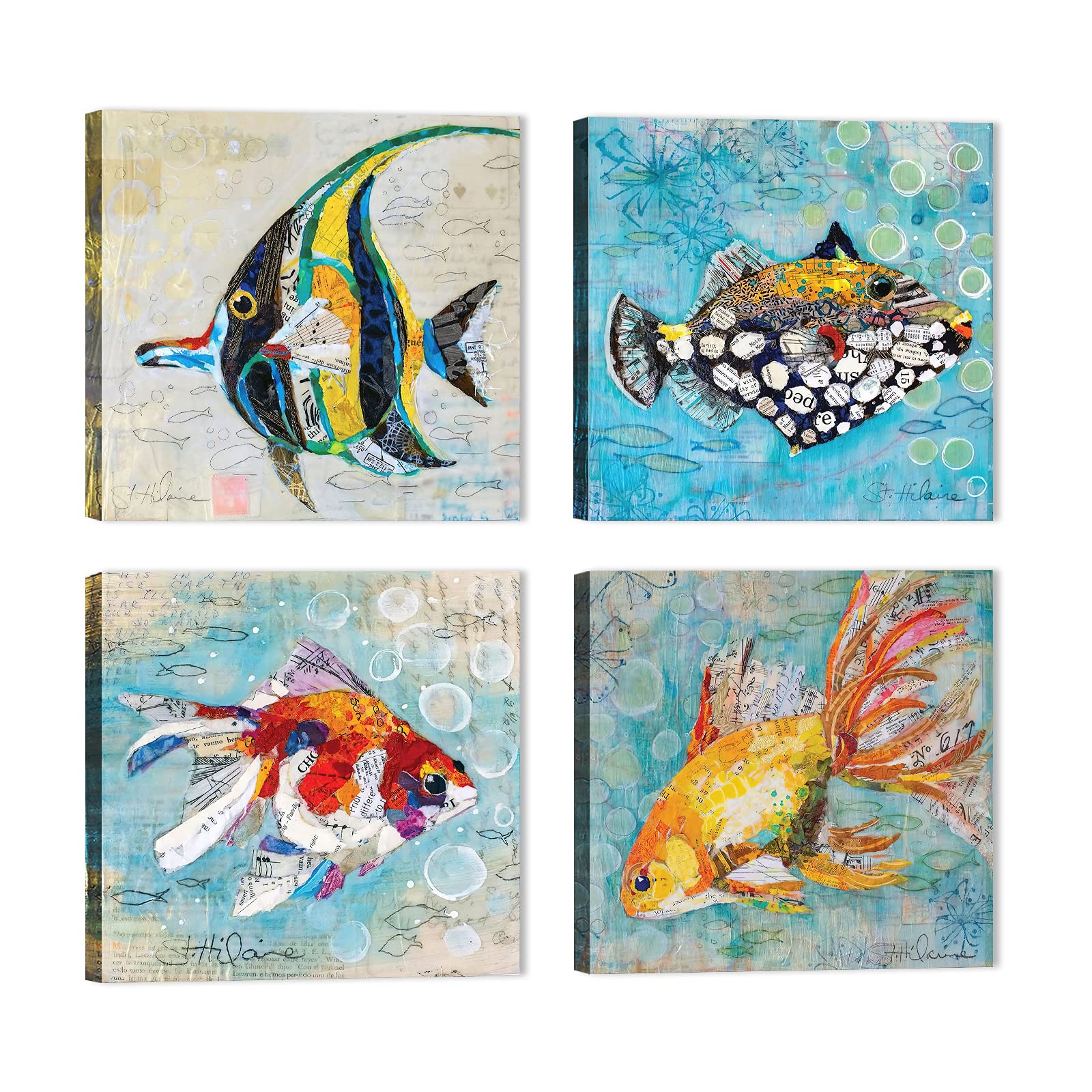 Ocean Themed Bathroom Wall Art Set - 4 Piece Colorful Sea Fish Decor for Kids & Adults - Perfect for Coastal, Beach, or Nautical Bathroom Designs