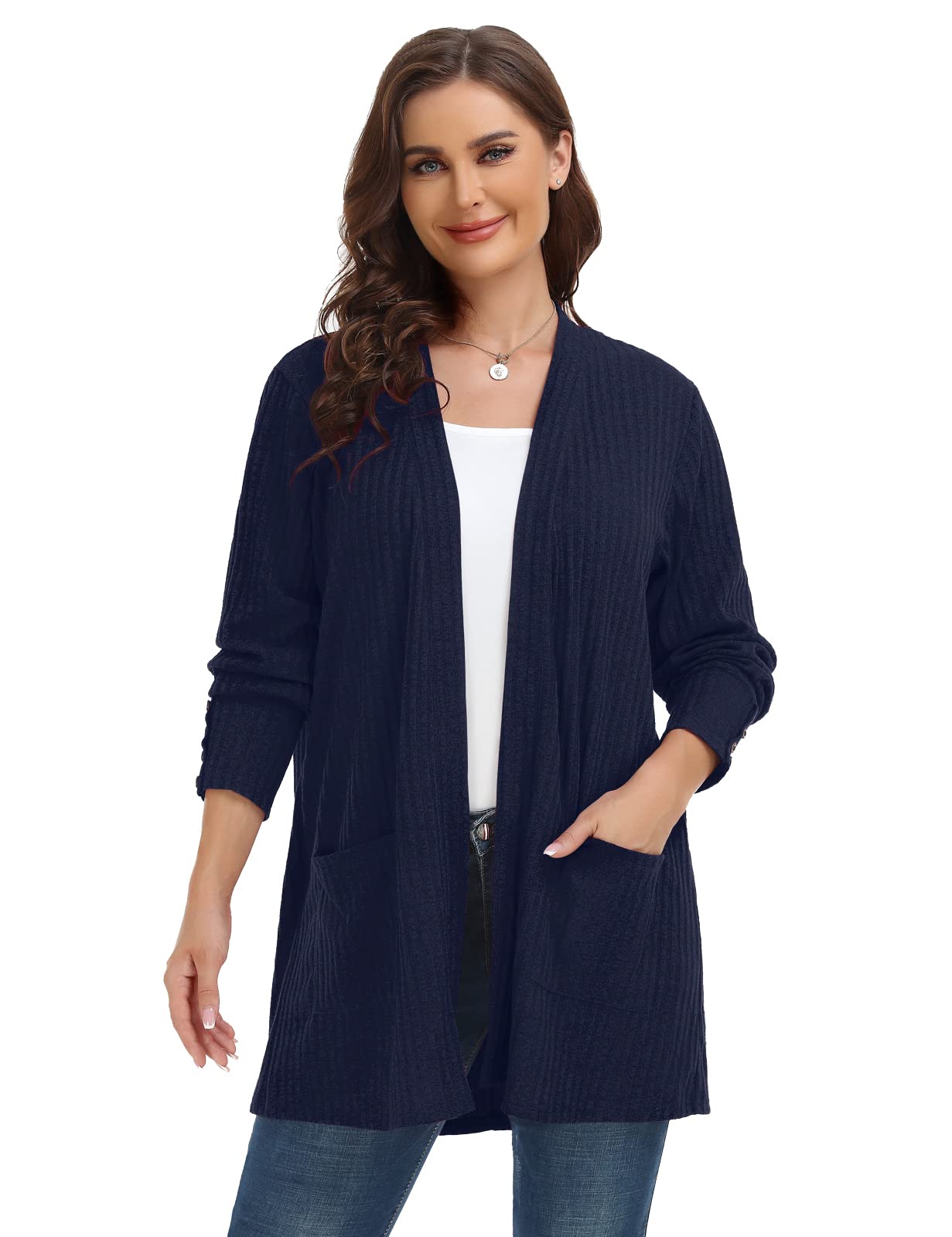 MONNURO Plus Size Open Front Cardigan Sweater for Women - Lightweight Long Sleeve Fall Coat with Pockets | Perfect for Layering, Office Wear & Casual Outfits
