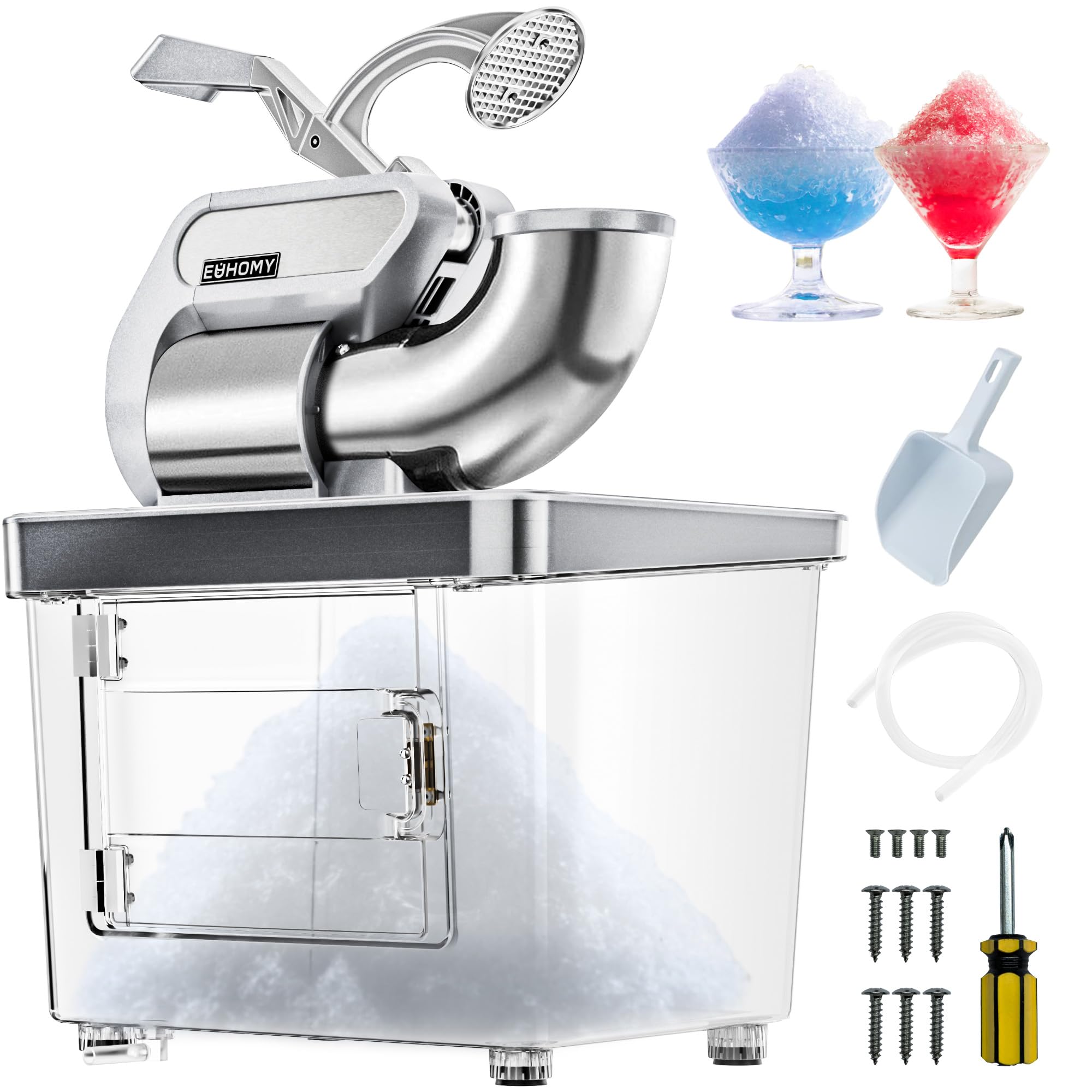 EUHOMY 300W Commercial Ice Crusher - 661Lbs/Hour High Capacity, ETL Certified Dual Blade Snow Cone Maker, Easy Clean Electric Shaved Ice Machine with Safety Switch - Perfect for Restaurants, Bars, Parties & Home Use (Silver)