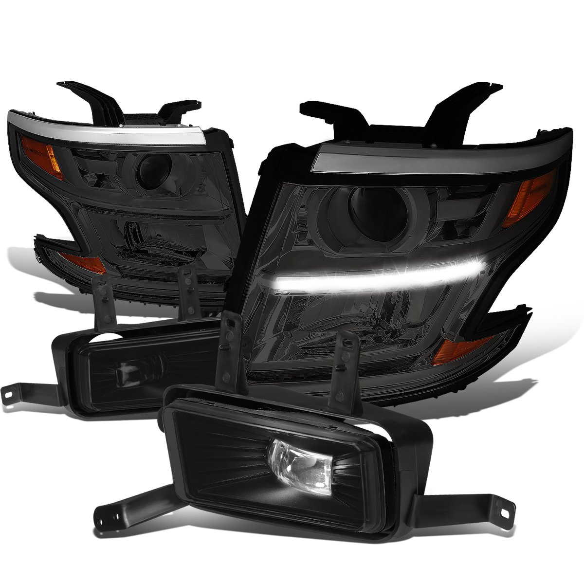 Auto Dynasty Smoked Lens Amber DRL Headlights + Fog Lights Kit Compatible with Chevy Tahoe/Suburban (2007-2014) - Easy Installation, Enhanced Visibility for Night Driving & Off-Road Adventures