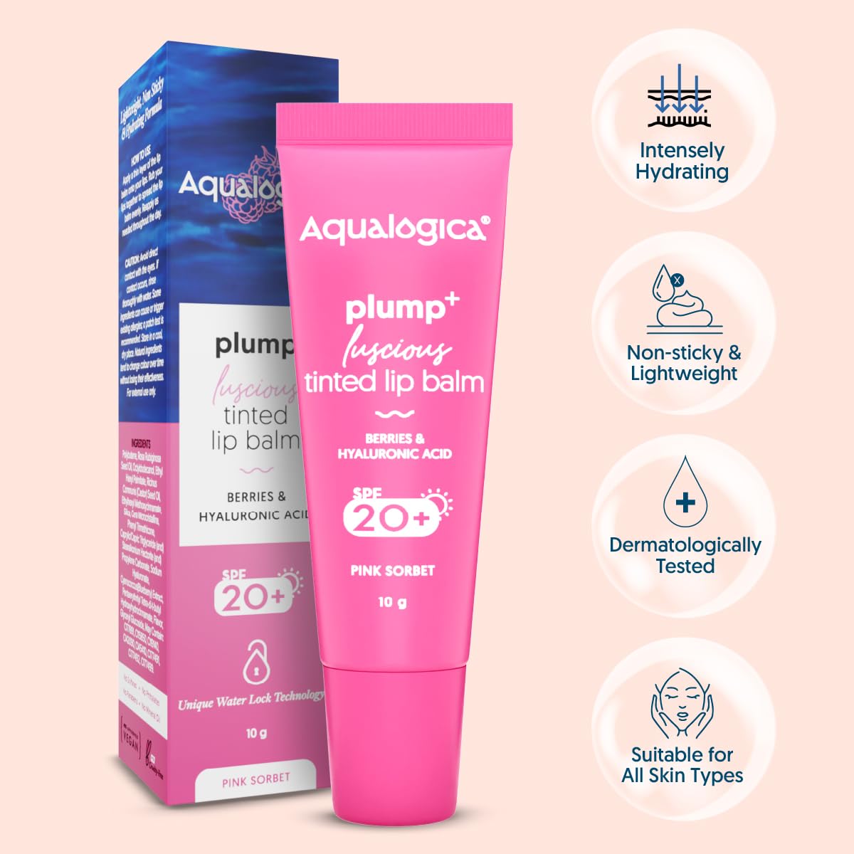 Aqualogica Pink Sorbet Plump+ Luscious Lightweight Tinted Lip Balm SPF 20 - Hydrating Lip Mask for Dry Lips, Lip Lightening Treatment for Women & Men - Perfect for Daily Moisture, Sun Protection & Natural Pink Lips (10g, 1 Count) | Great for Work, Travel & Night Care